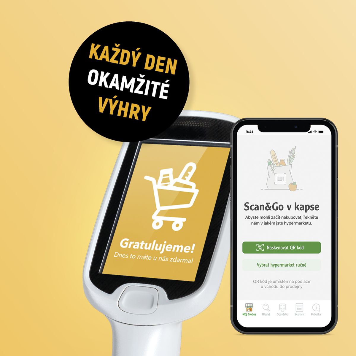 Ruční skener a chytrý telefon zobrazují nákupní aplikaci s českým textem a žlutým pozadím s černým kruhem s textem.