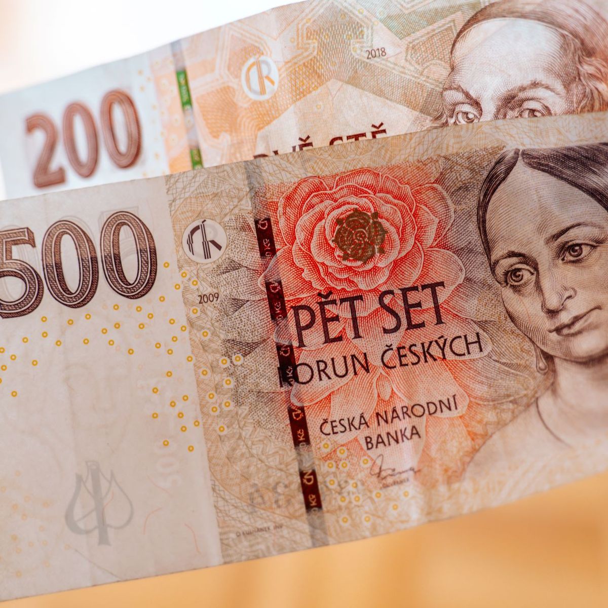 Detailní záběr osoby držící české bankovky, na nichž jsou patrné nominální hodnoty 500 a 200 českých korun.