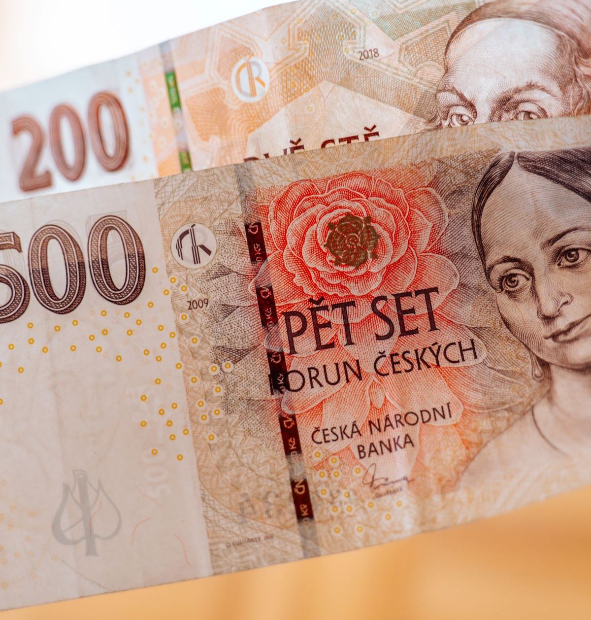 Detailní záběr osoby držící české bankovky, na nichž jsou patrné nominální hodnoty 500 a 200 českých korun.
