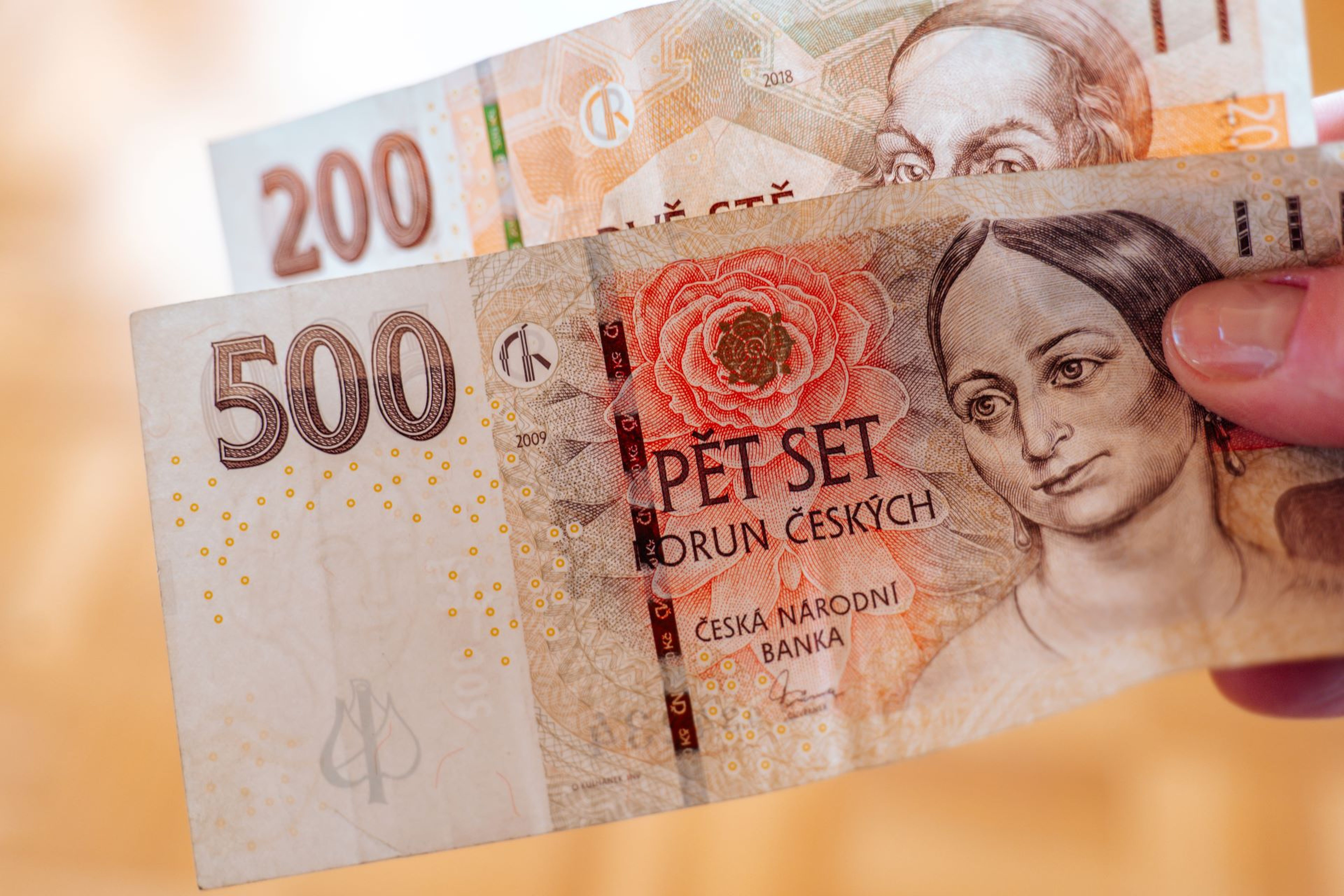 Detailní záběr osoby držící české bankovky, na nichž jsou patrné nominální hodnoty 500 a 200 českých korun.
