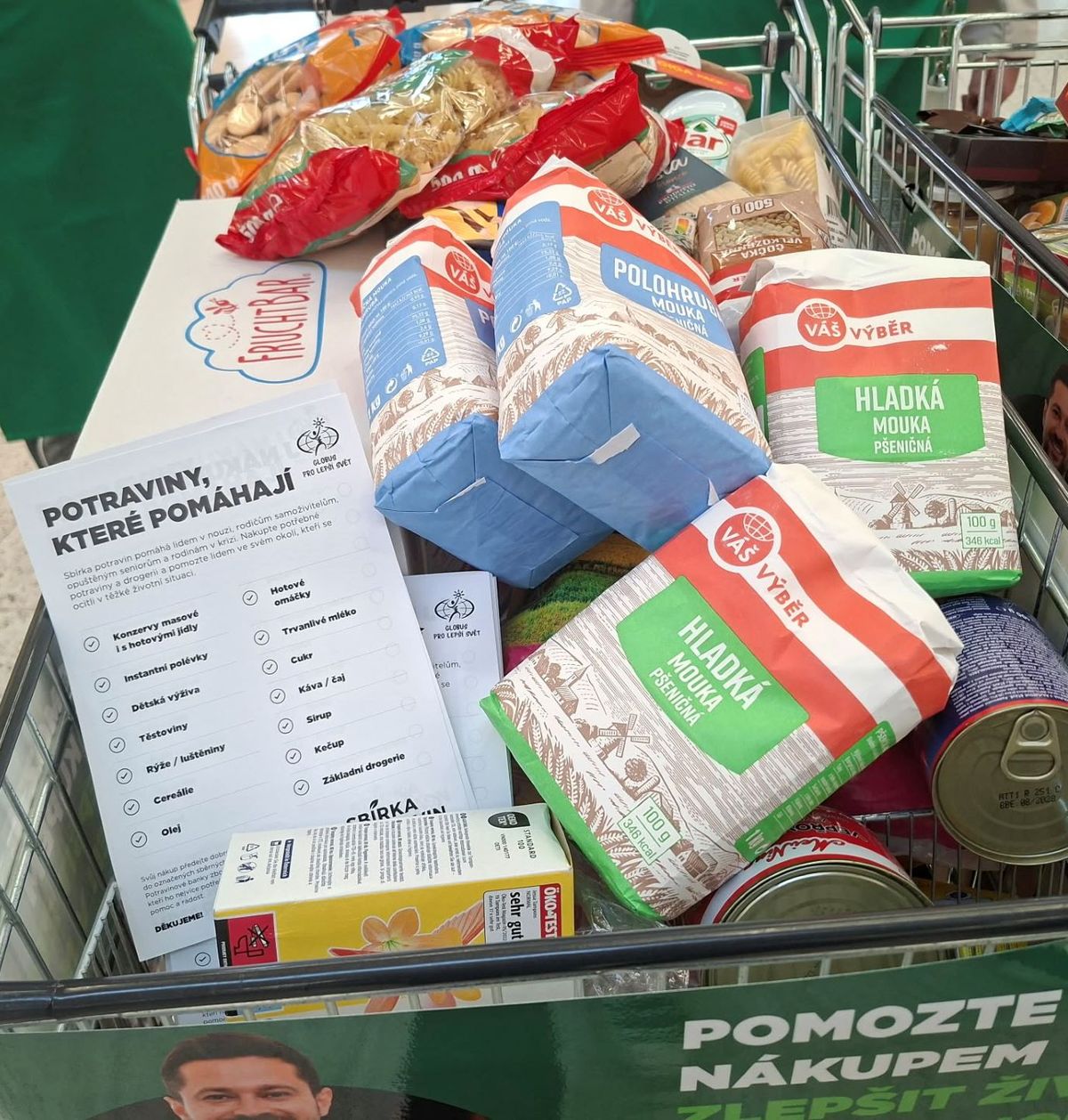 A shopping cart filled with assorted groceries and a list titled "Food that helps," promoting a food drive.