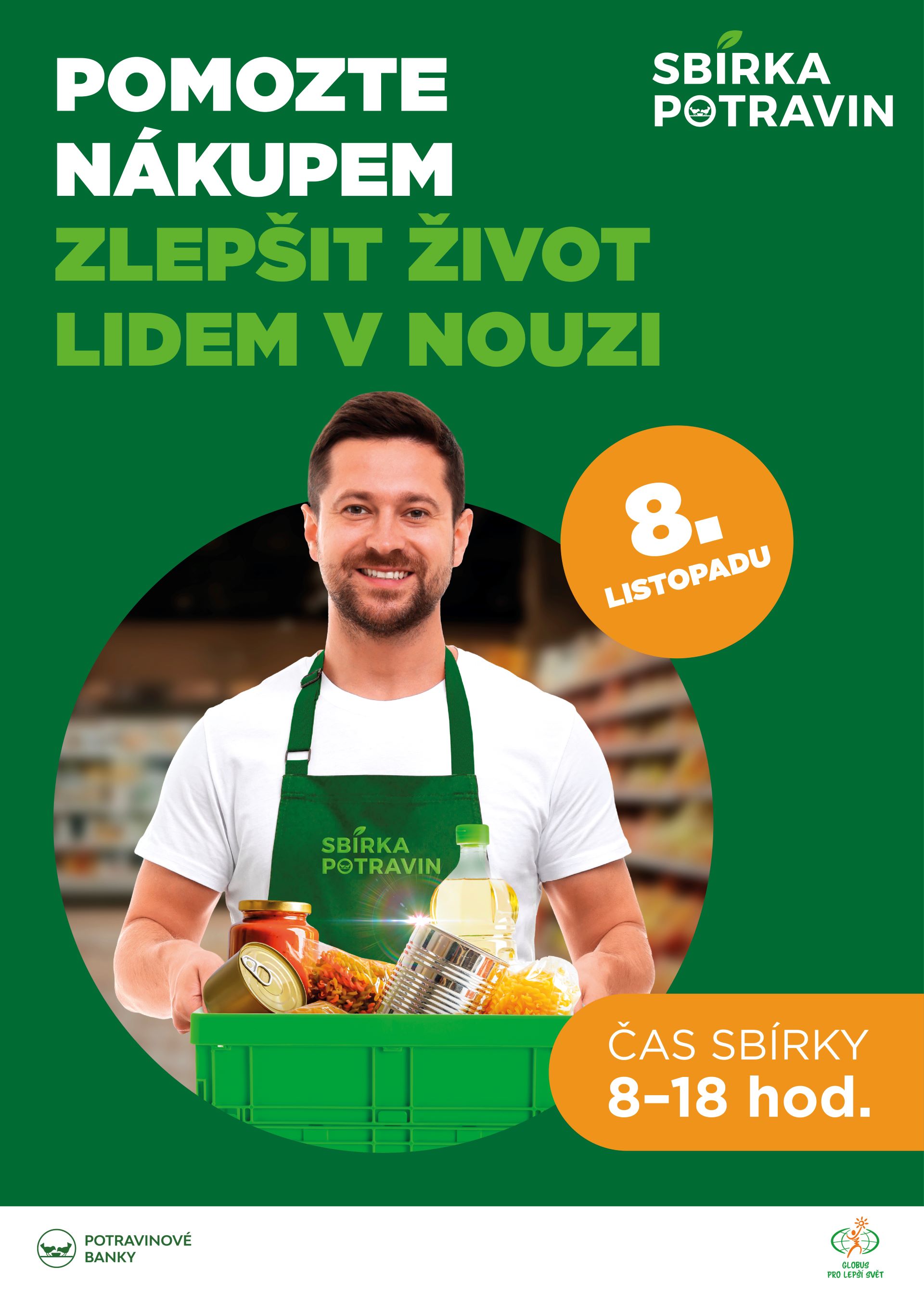 Usměvavý muž v zelené zástěře drží košík s potravinami. Text propaguje akci potravinové banky, která se koná 8. listopadu od 8:00 do 18:00.