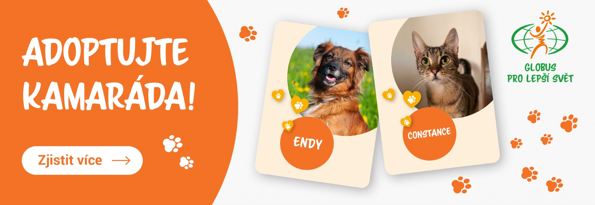 Reklamní banner s obrázky šťastného psa a zvědavé kočky jménem Endy a Constance, který v češtině vyzývá čtenáře, aby si „adoptovali kamaráda“.
