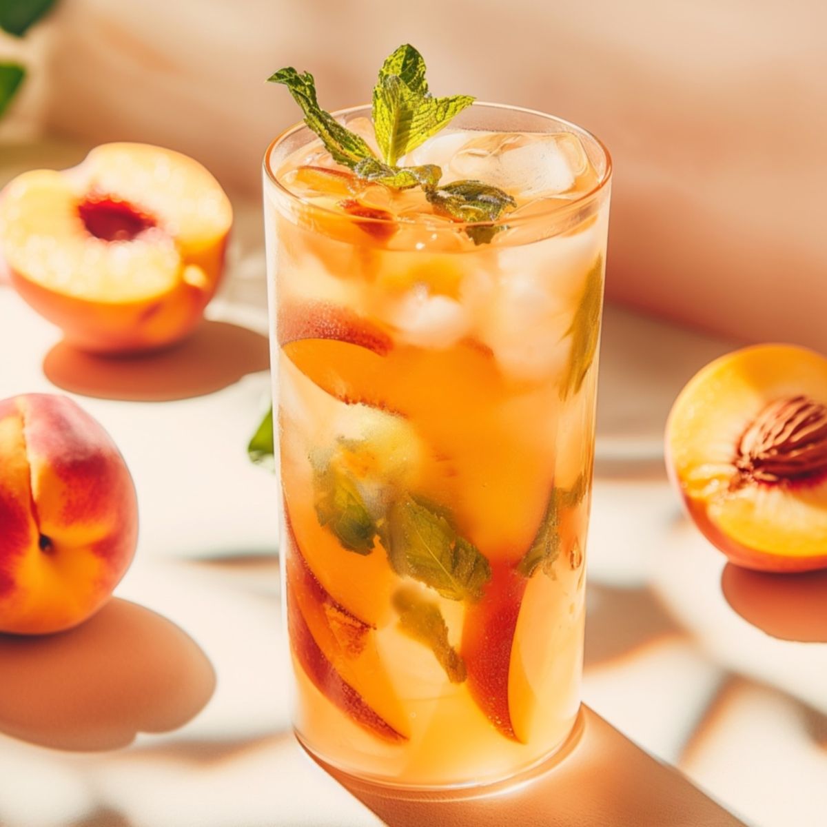 Osvěžující broskvová limonáda ve sklenici s lístky máty, obklopená celými a rozpůlenými broskvemi na sluncem zalité ploše.