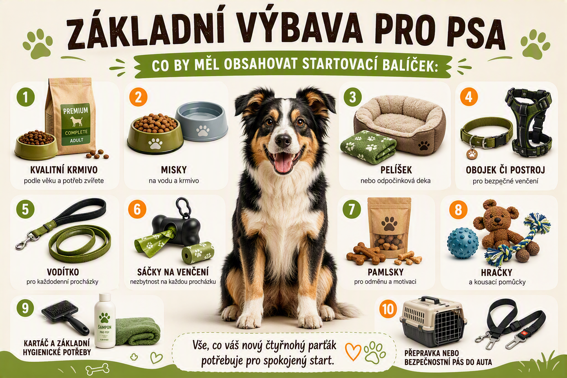 Infografika o základních potřebách pro psy, na které je vyobrazen šťastný pes a předměty jako krmivo, misky, pelíšek, obojek, vodítko, sáčky na exkrementy, pamlsky, hračky, pomůcky pro péči o srst a přepravka.