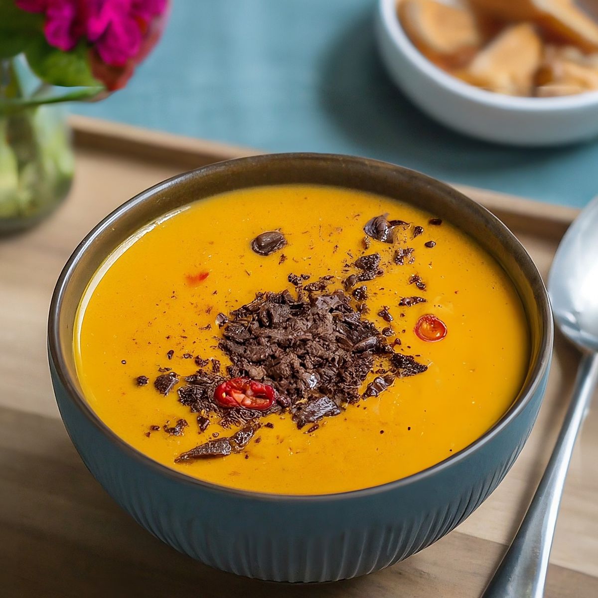 Miska krémové dýňové polévky posypané čokoládovými hoblinkami a plátky červeného chilli, umístěná na dřevěném podnosu spolu s lžičkou a malou vázou s květinami.