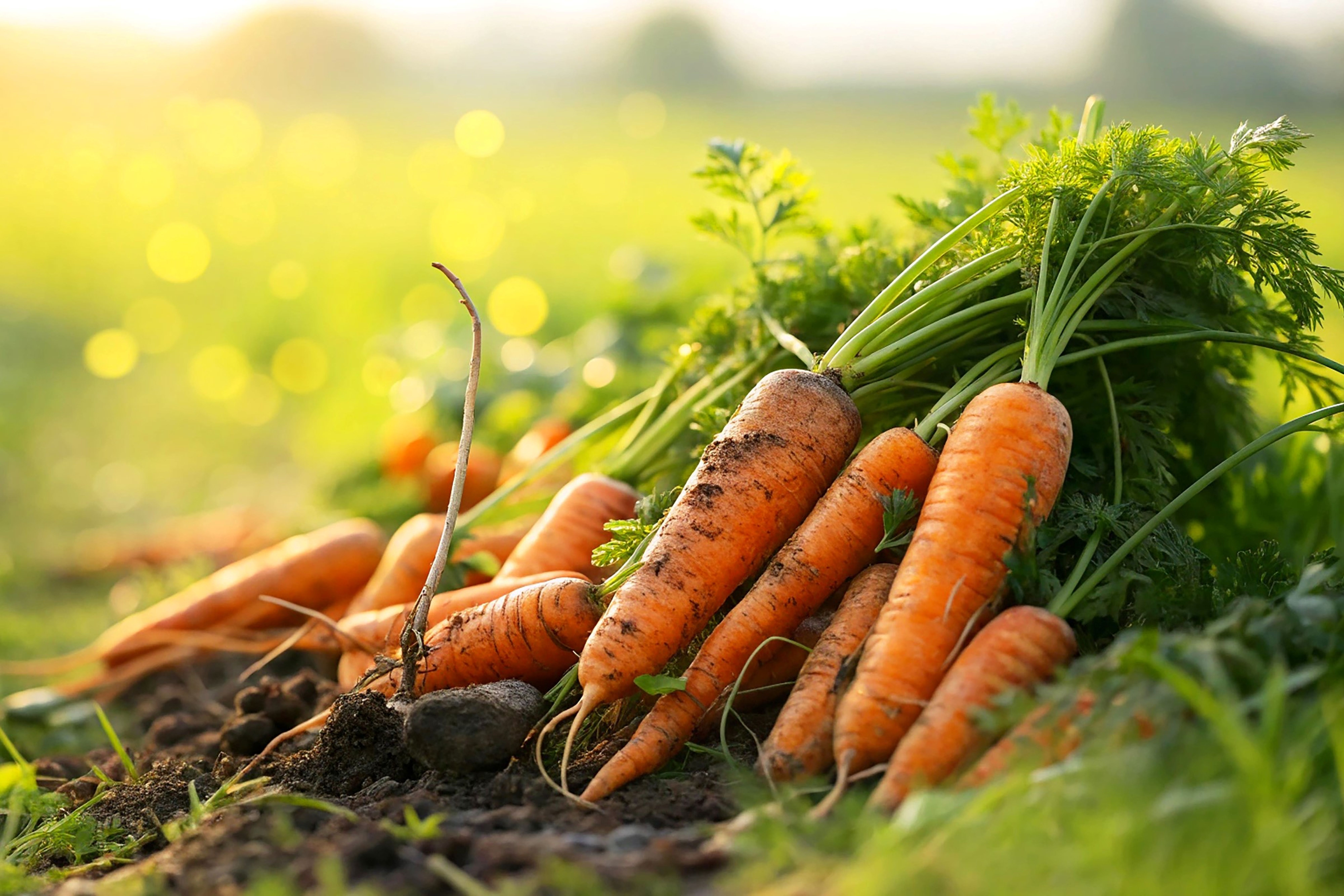 Svazek čerstvě sklizených, špínou pokrytých mrkví se zelenými natěmi ležících na půdě na sluncem zalitém poli.