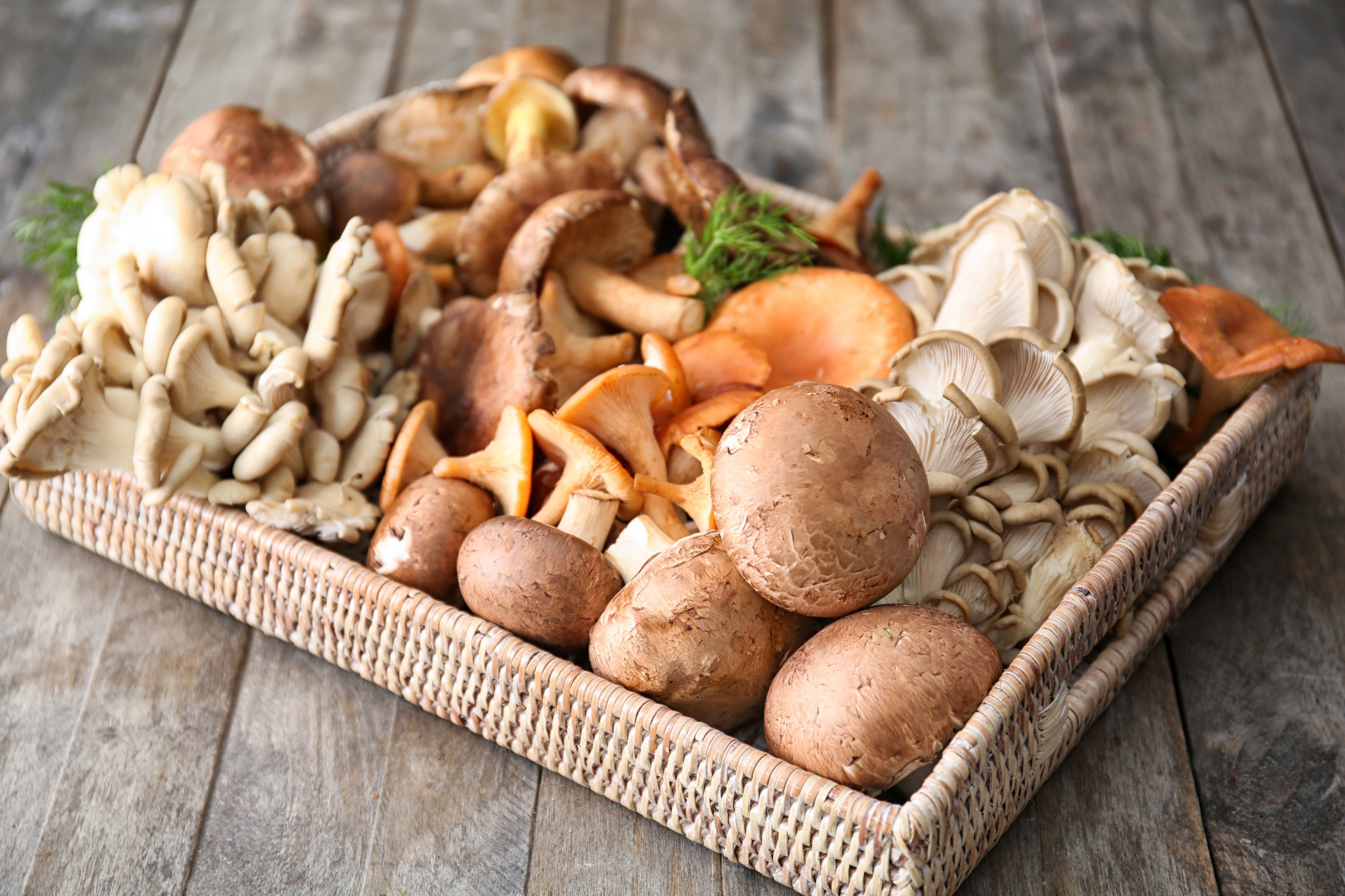 Proutěný podnos plný různých hub, včetně hlívy ústřičné, shiitake a žampionů, na rustikálním dřevěném stole.