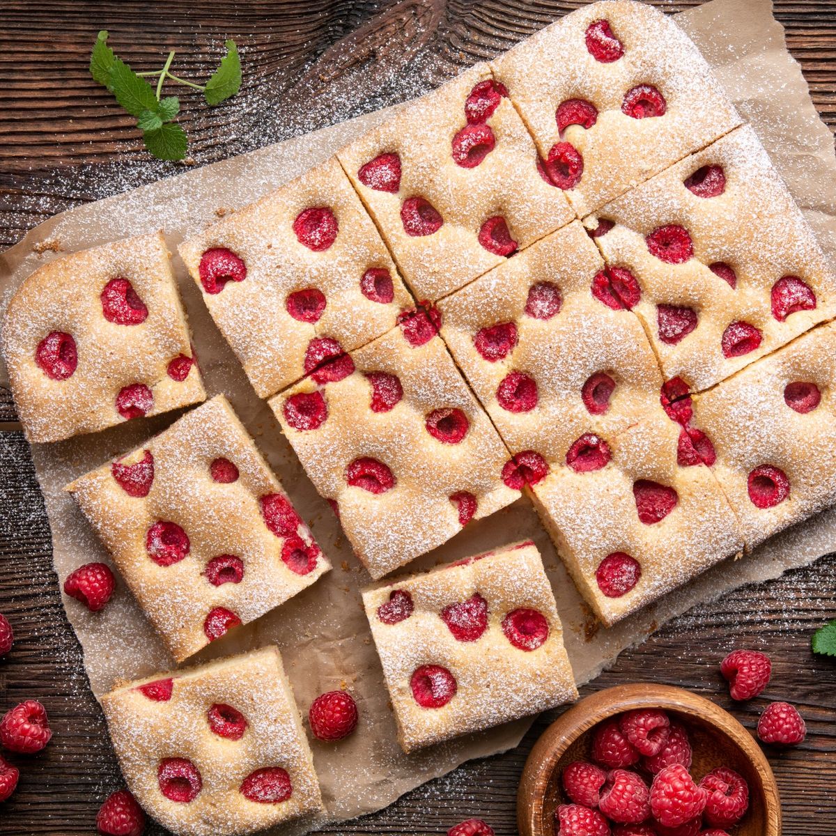 Kousky malinové bublaniny posypané moučkovým cukrem na pečícím papíře, obklopené čerstvými malinami a mátou na dřevěném stole.