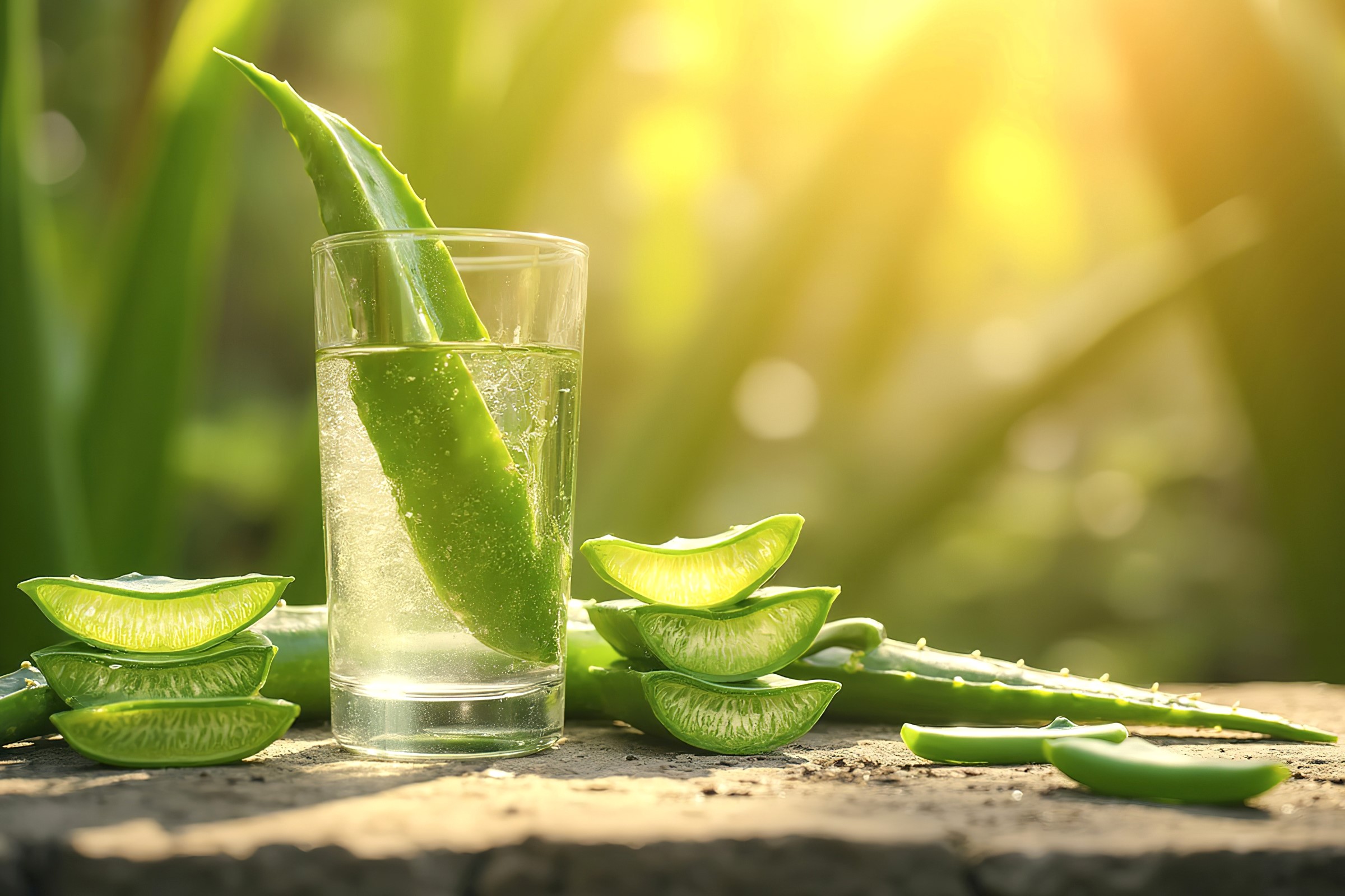 Listy a šťáva z aloe vera ve sklenici na kamenném povrchu, v pozadí sluneční paprsky prosvítající zelenými aloe vera listy.