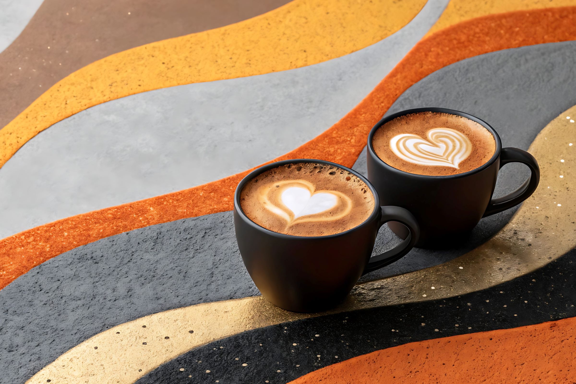 Dvě cappuccina s latte artem ve tvaru srdce v černých hrnkách, postavená na barevném stole s vlnitým vzorem.