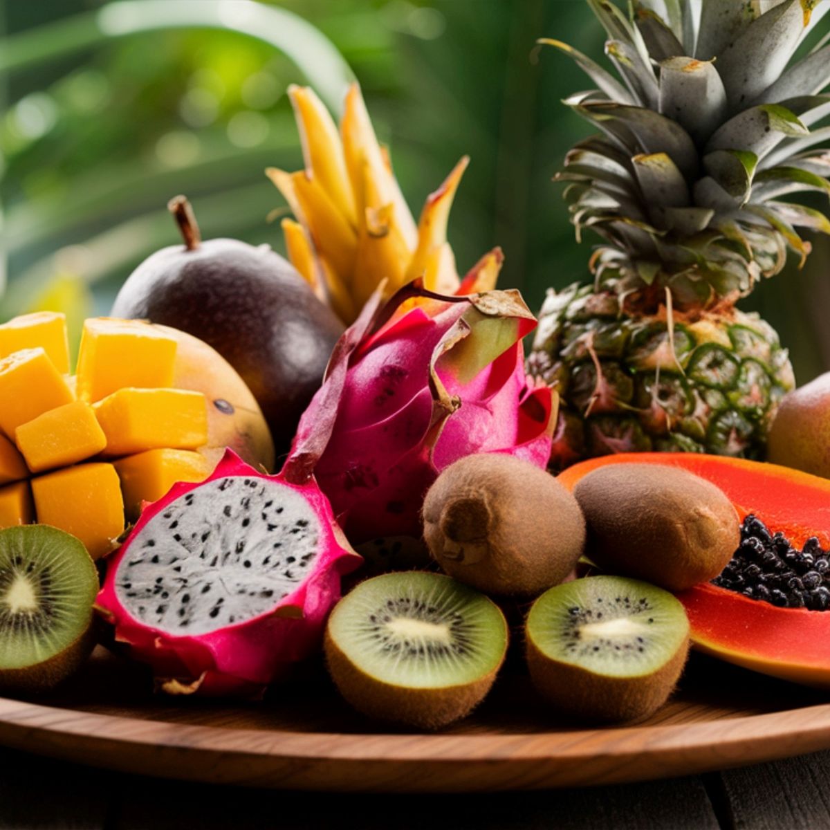 Dřevěný talíř s různými tropickými plody: nakrájené mango, dračí ovoce, kiwi, papája, ananas a celé maracuji na listovém podkladu.