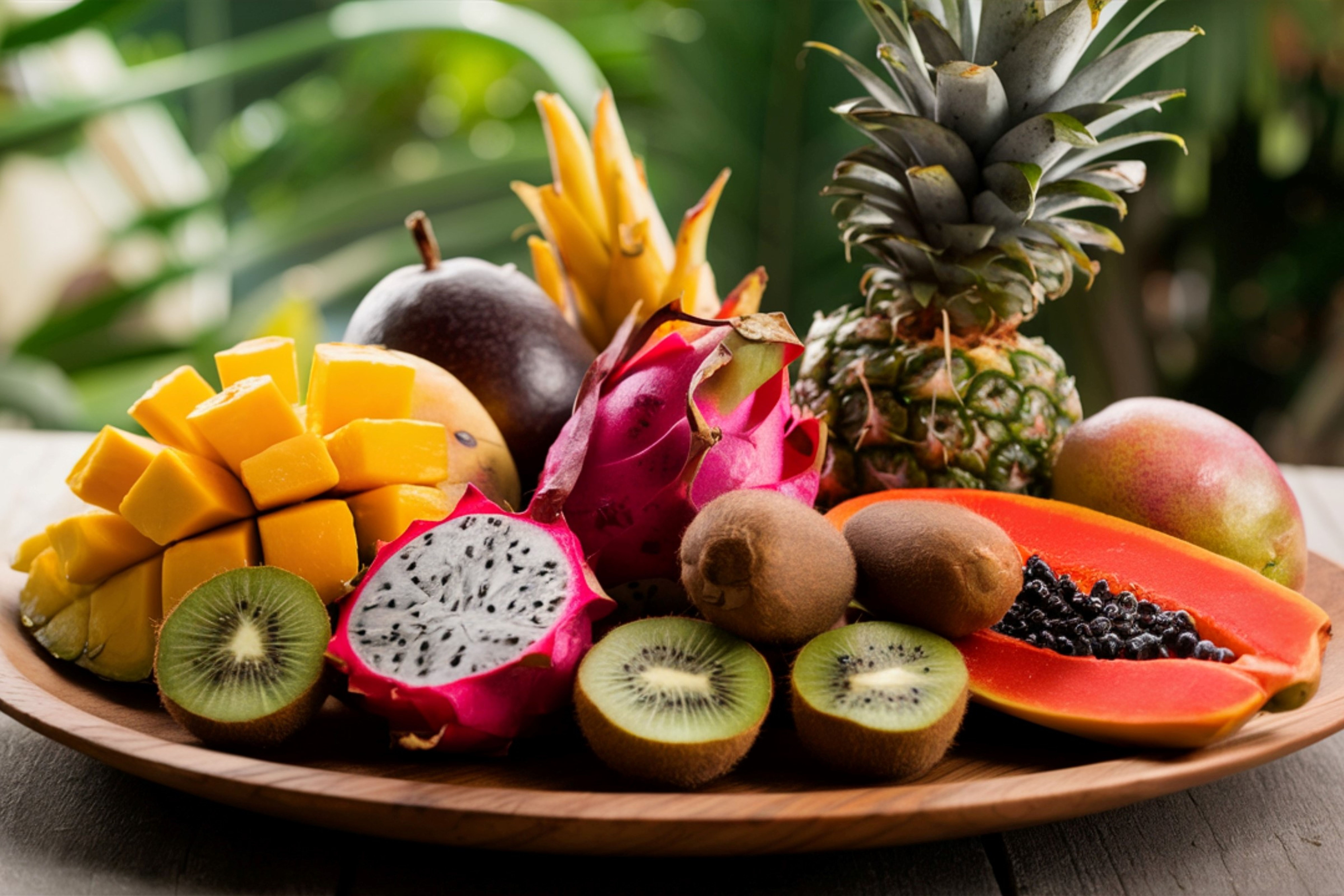Dřevěný talíř s různými tropickými plody: nakrájené mango, dračí ovoce, kiwi, papája, ananas a celé maracuji na listovém podkladu.