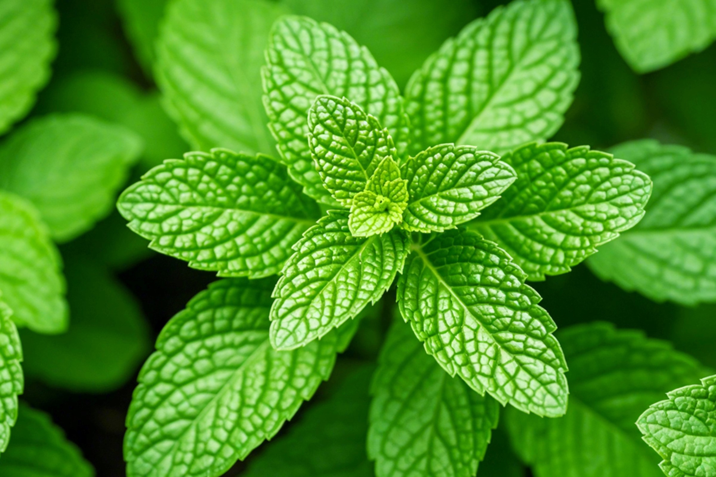 Detailní záběr na sytě zelené lístky máty, které mají strukturovaný vzor a zoubkované okraje a jsou uspořádány do symetrického růžicového tvaru.
