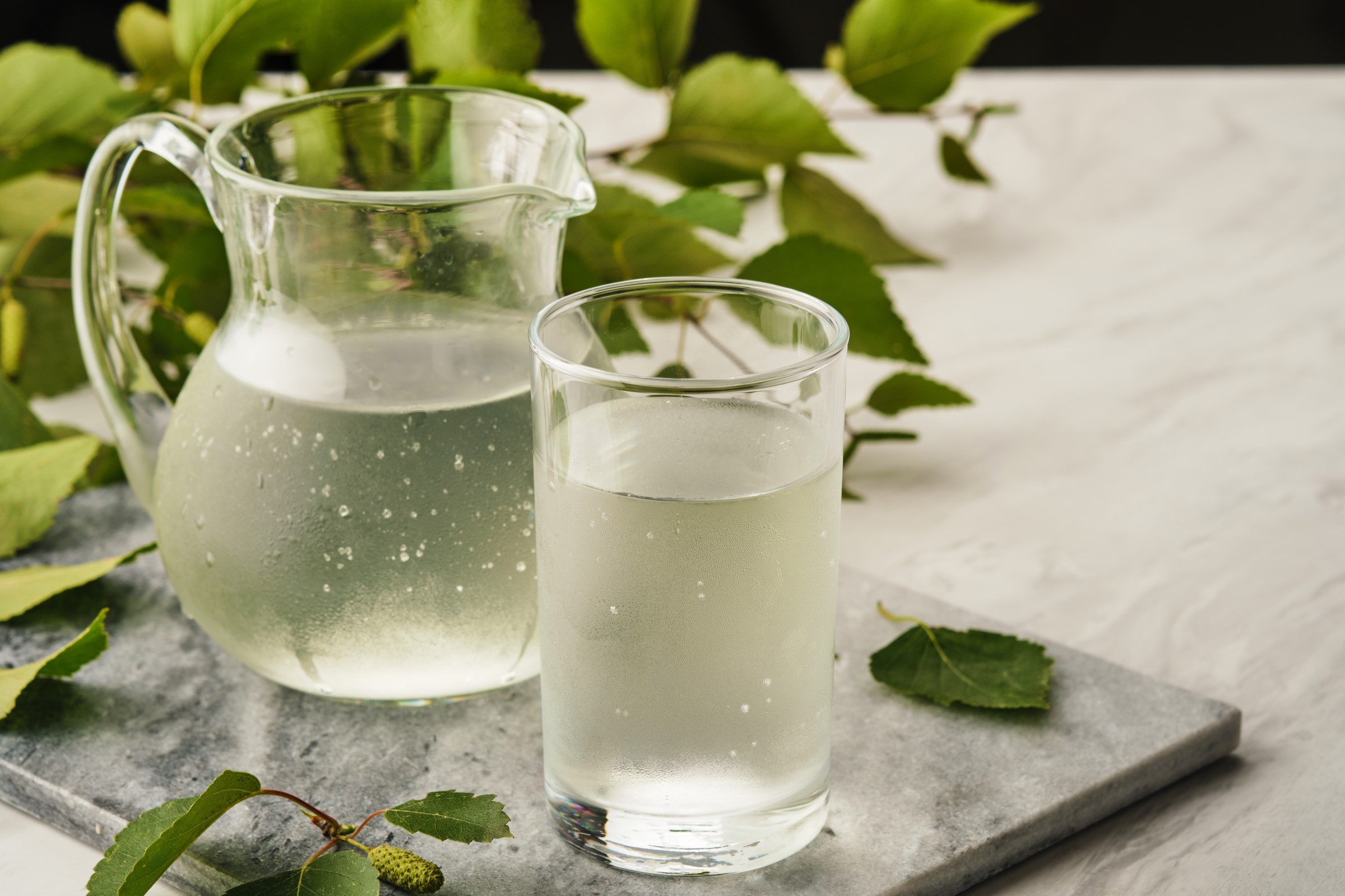 Skleněná karafa a vysoká sklenice s vychlazenou březovou vodou, umístěné na mramorové desce se zelenými březovými listy.