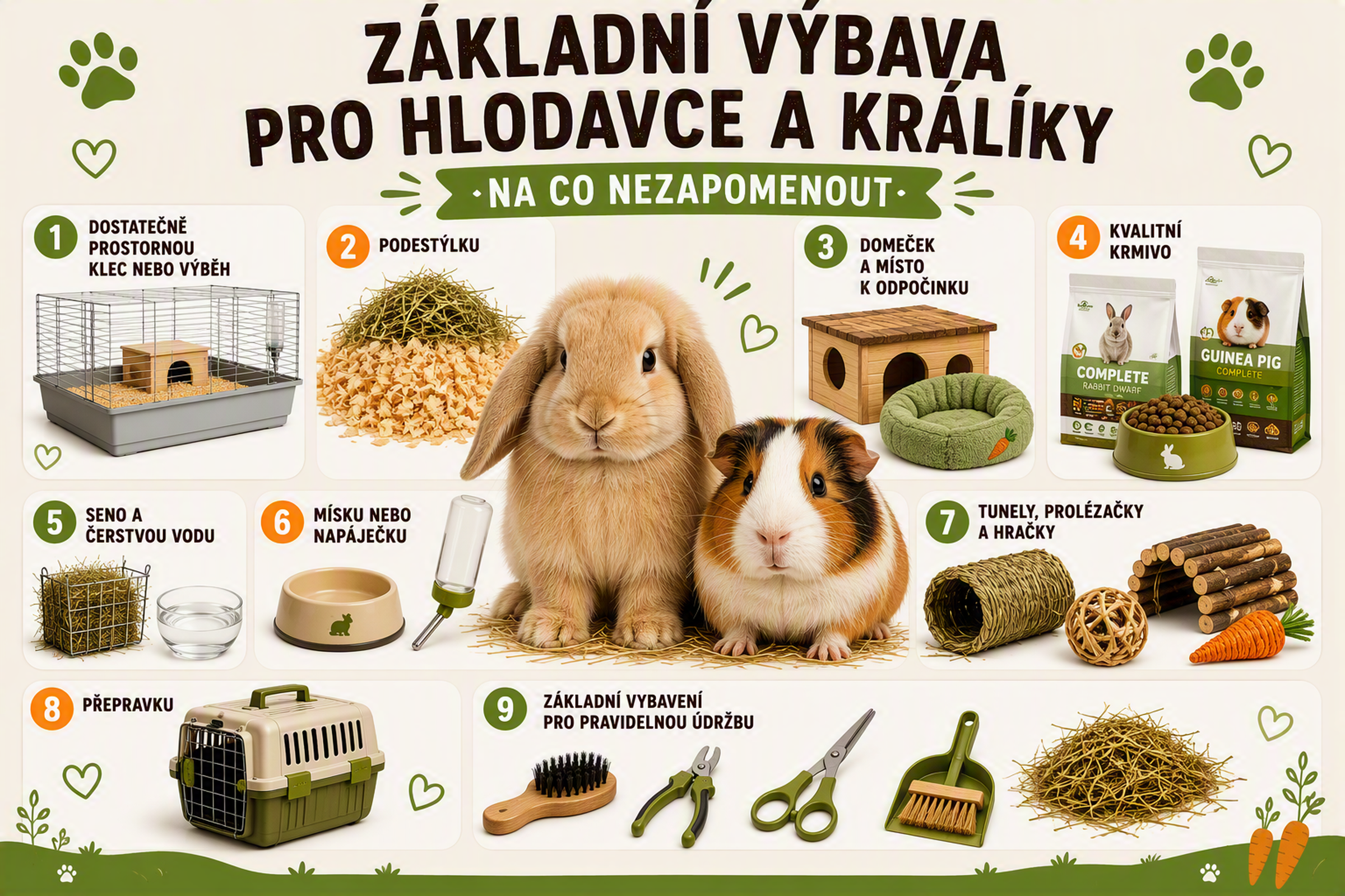 Základní vybavení pro hlodavce a králíky; zahrnuje klec, podestýlku, krmivo, vodu, hračky, domeček a pomůcky pro péči o srst; na obrázku je králík a morče.