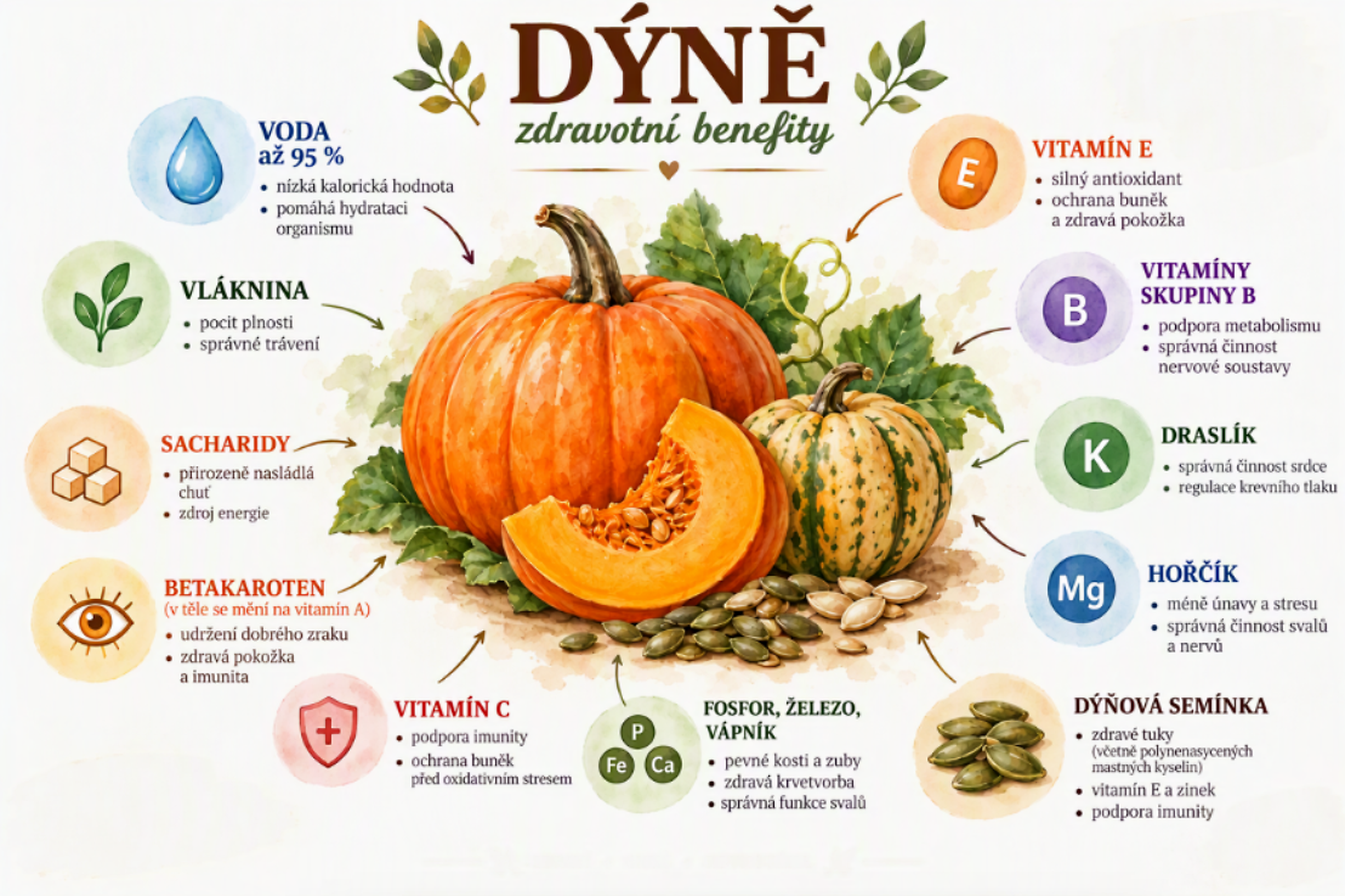 Infografika podrobně popisující zdravotní přínosy dýně v češtině, na kterém je vyobrazena dýně, semínka a symboly pro vodu, vlákninu, vitamíny a minerály.