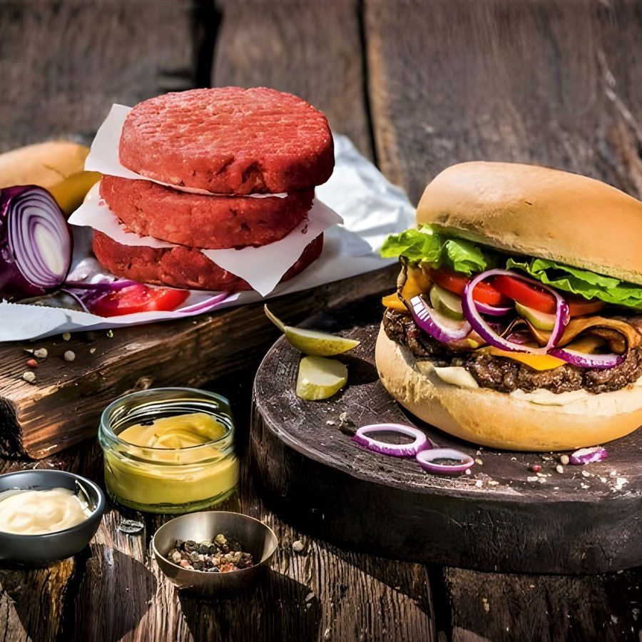 Šťavnatý hamburger s hlávkovým salátem, rajčetem a cibulí na dřevěné desce vedle syrových hamburgerových karbanátků, červené cibule a koření na rustikálním dřevěném stole.