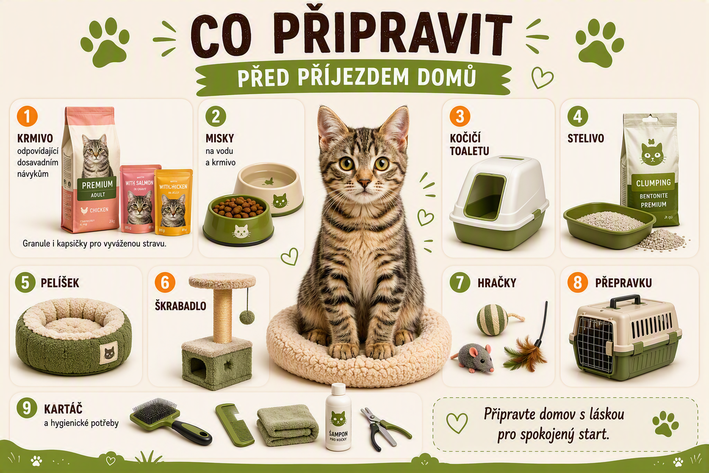 Mramorovaná kočka sedí v útulném pelíšku obklopená věcmi, které nová kočka potřebuje: krmením, miskami, kočičí toaletou, pelíškem, škrabadlem, hračkami, přepravkou a pomůckami na péči o srst.