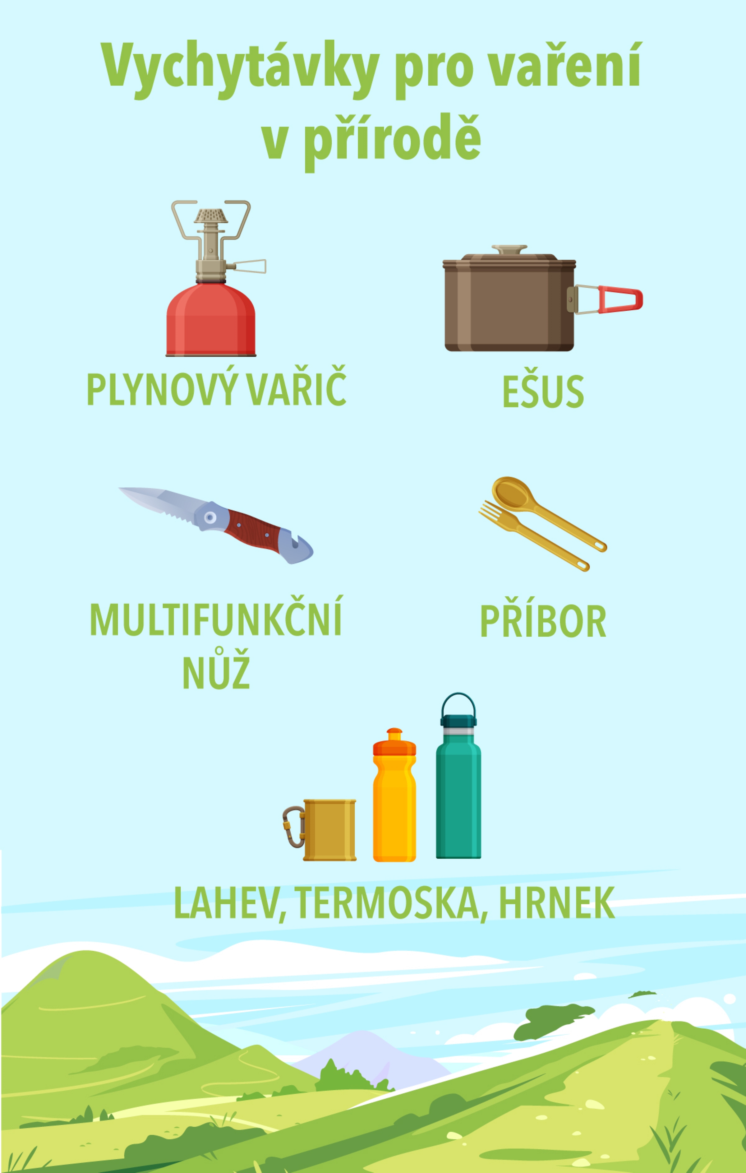 Ilustrace základního vybavení pro kempování: plynový vařič, jídelní sada, multifunkční nůž, příbory, láhev, termoska, hrnek, na pozadí přírody.