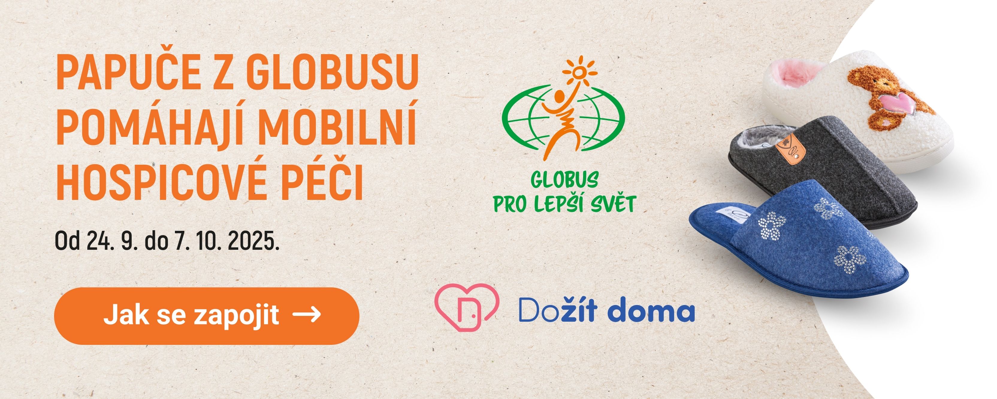 Pantofle s motivy medvídků, text o podpoře hospicové péče, loga a tlačítko s výzvou k akci v češtině.