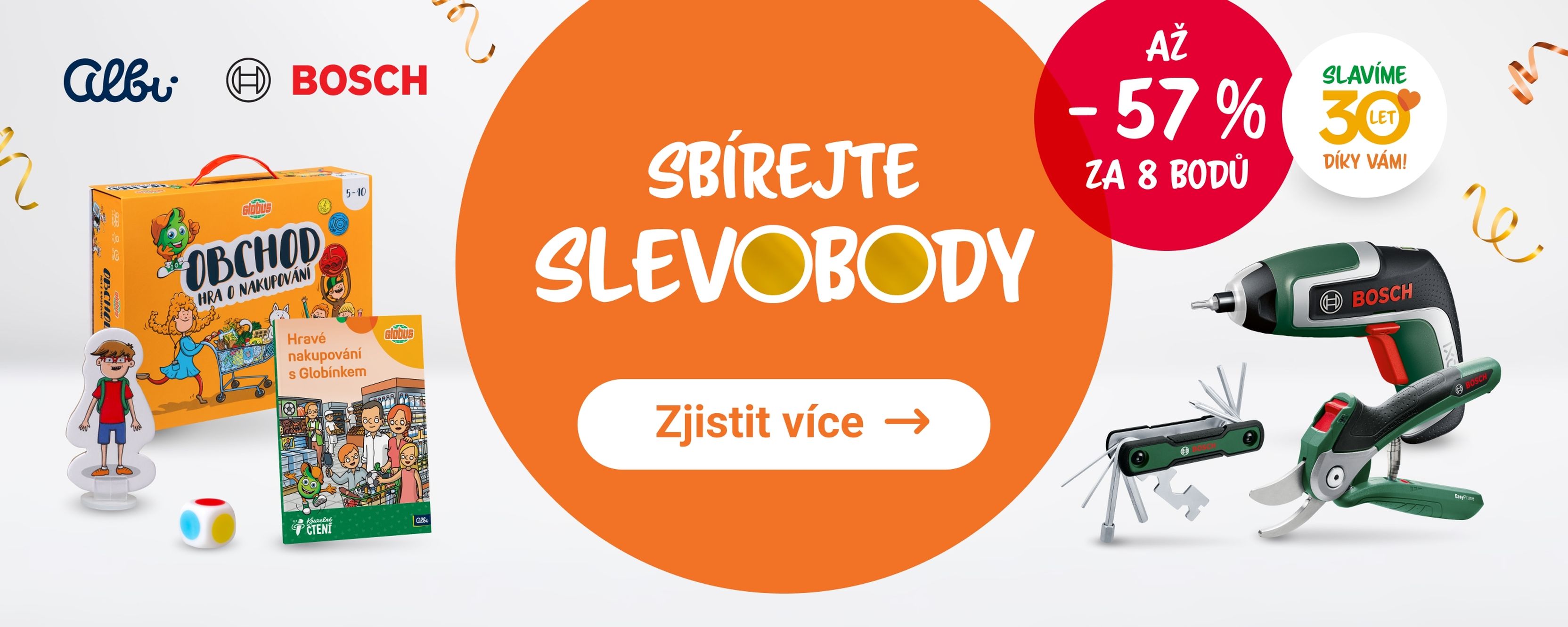 Reklamní banner pro společnosti Albi a Bosch, na kterém jsou vyobrazeny stolní hra s nákupní tematikou, figurky, nářadí Bosch a slevové nabídky v češtině.