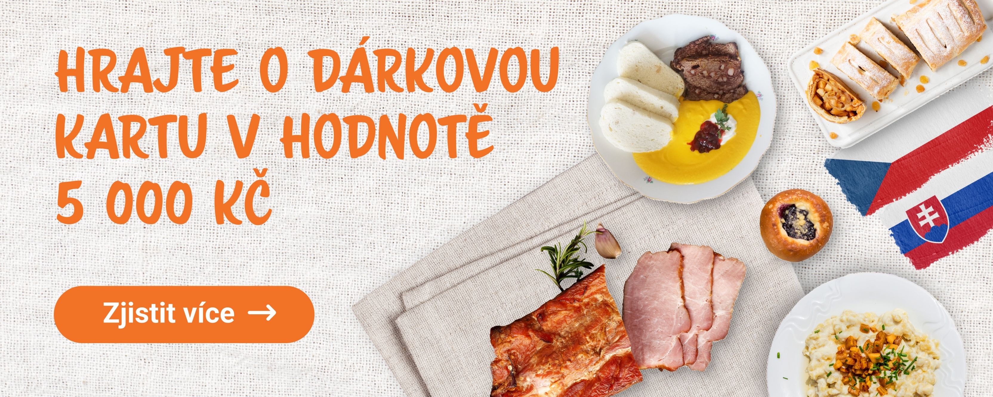 Text: „Získejte dárkovou kartu v hodnotě 5 000 Kč“. Česká a slovenská vlajka, béžové pozadí.