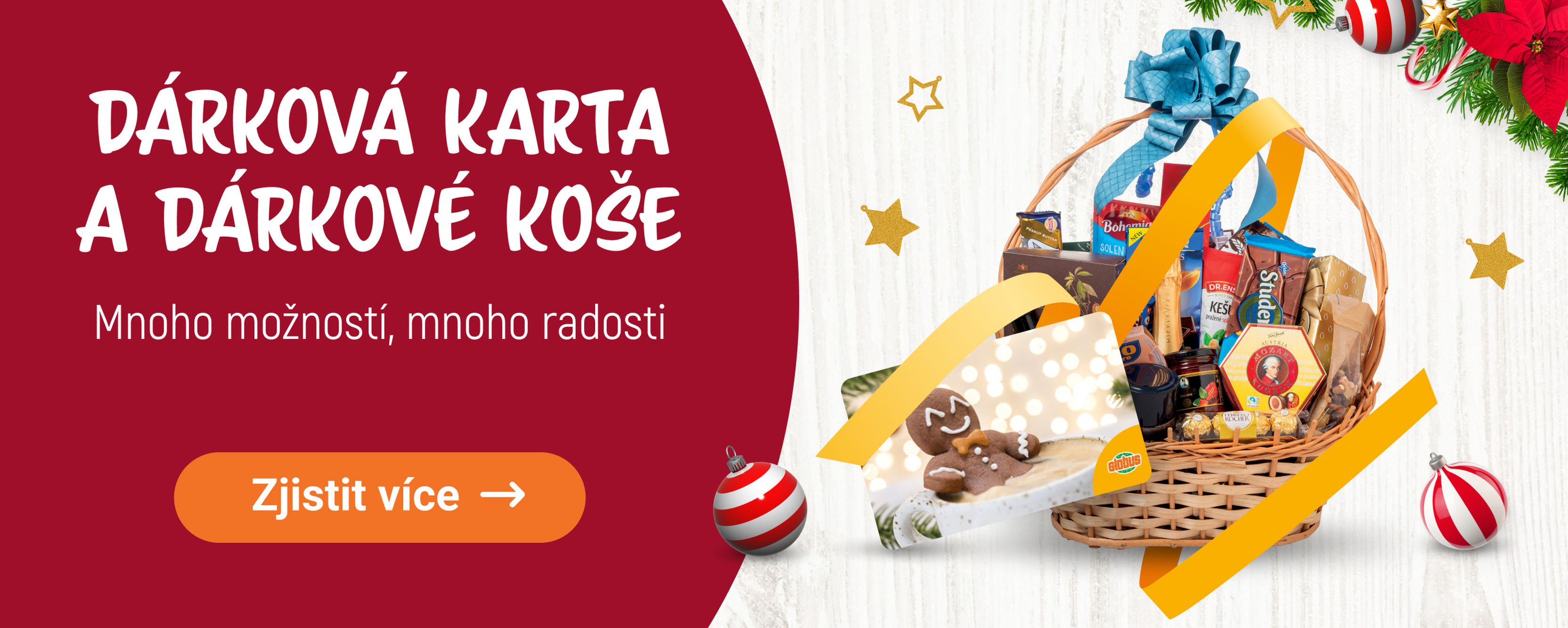 Český propagační banner: dva sváteční dárkové koše s lahůdkami, stužkami a ozdobami, nadpis „Dárková karta a dárkové koše“.