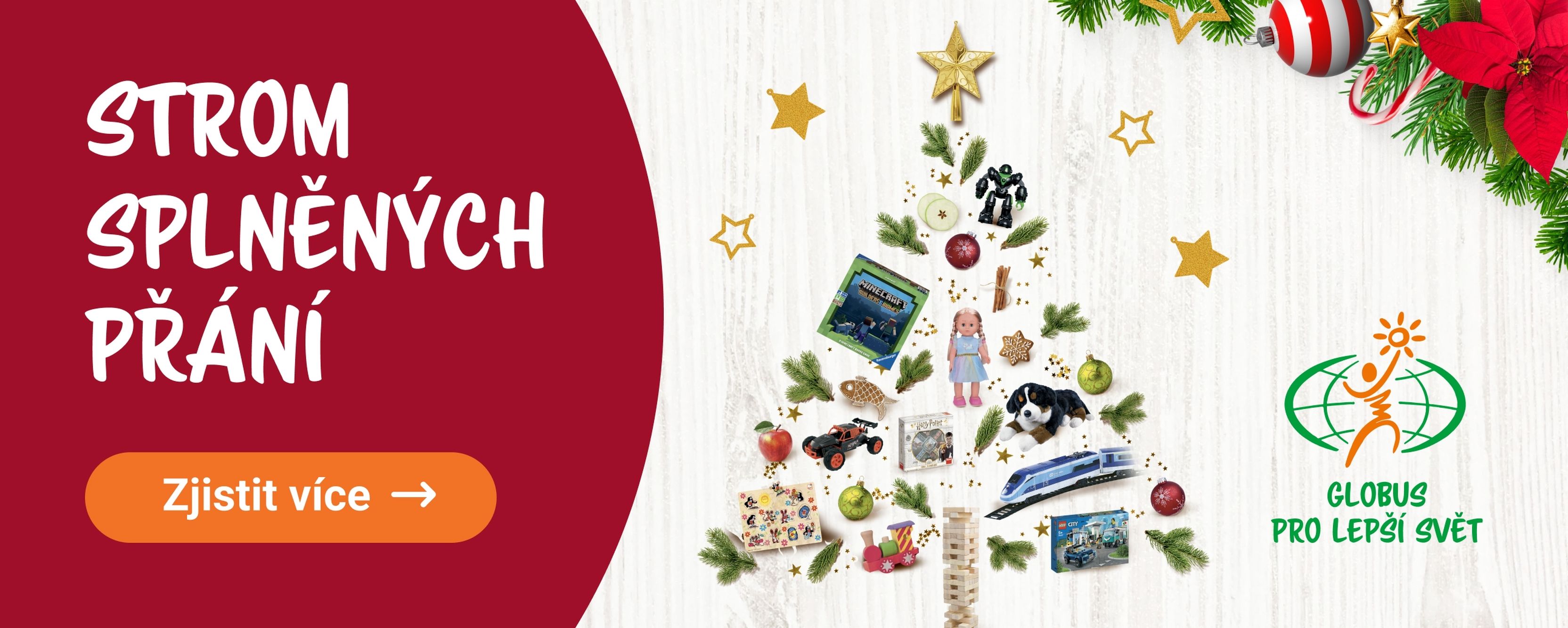 Slavnostní vánoční stromek z hraček a ozdob, s českým textem „Strom splněných přání“ a tlačítkem „Zjistit více“.