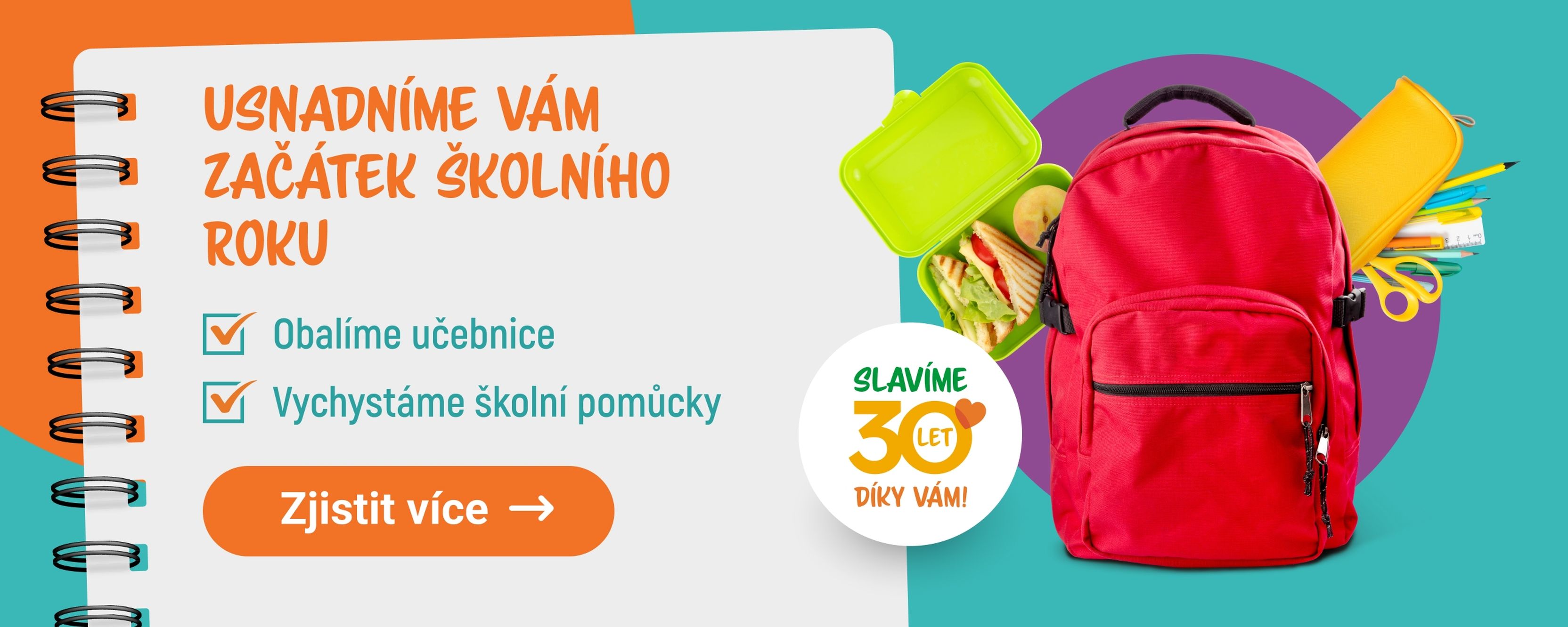 Banner s texy na bílém pozadí a se školním batohem, penálem a svačinou