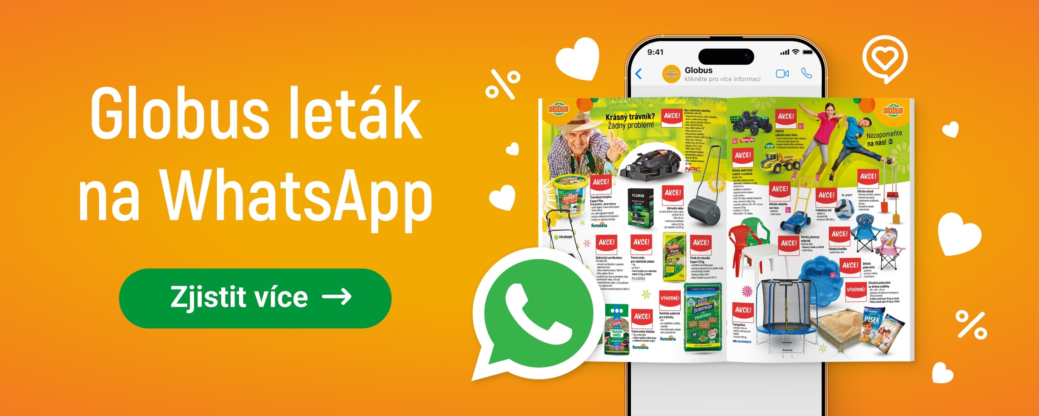 Propagační obrázek pro leták společnosti Globus na WhatsApp, na kterém jsou na oranžovém pozadí vyobrazeny různé produkty se slevovými nabídkami a logo WhatsApp.