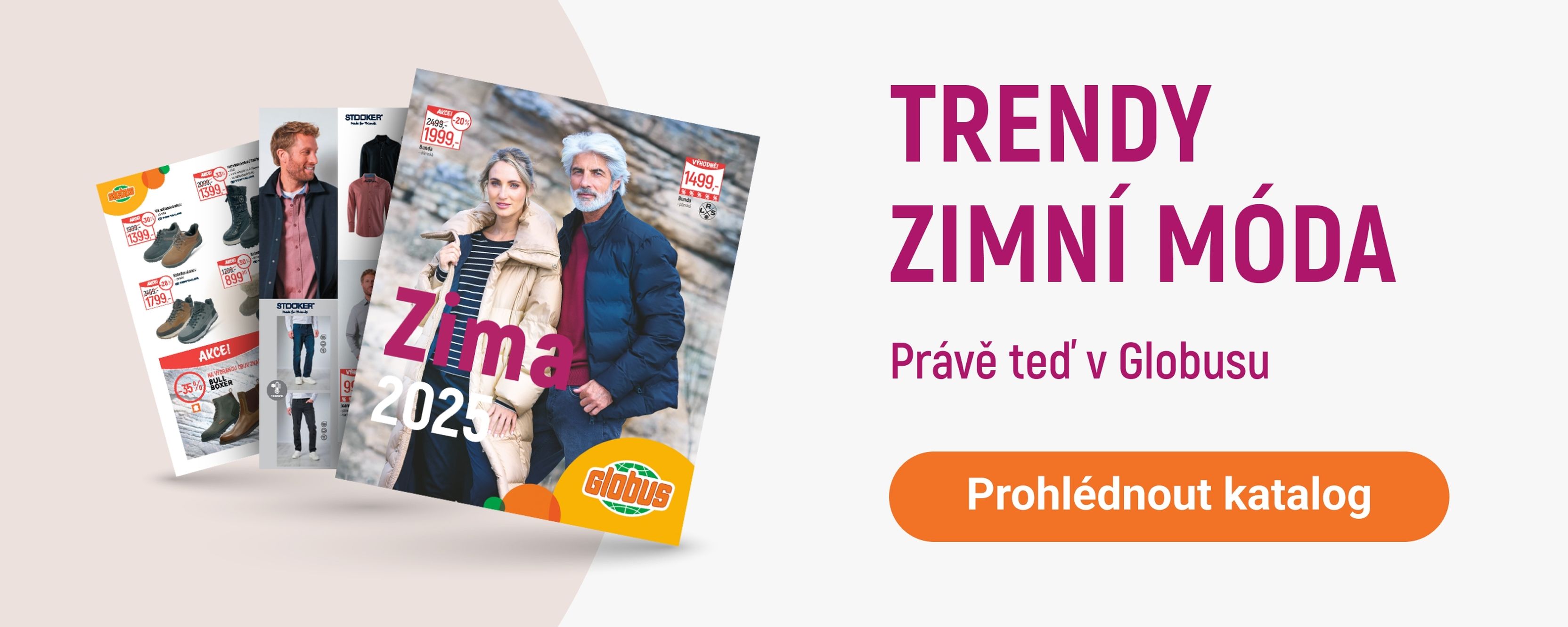 Česká reklama na Globus představující zimní módní katalogy s obrázky oblečení a modelek a tlačítkem pro zobrazení katalogu.