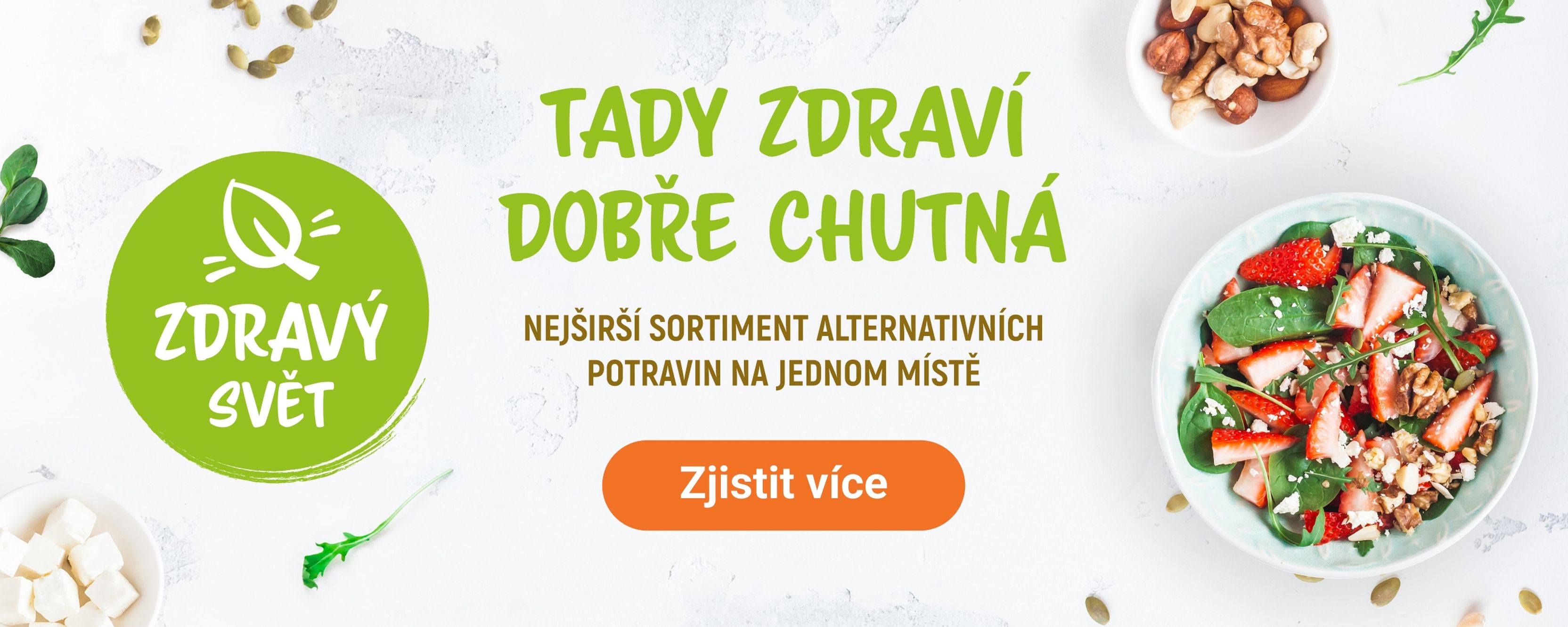 Zelené kruhové logo s ikonou listu a nápisem, obklopené ingrediencemi do salátu a čerstvým salátem z jahod a špenátu.