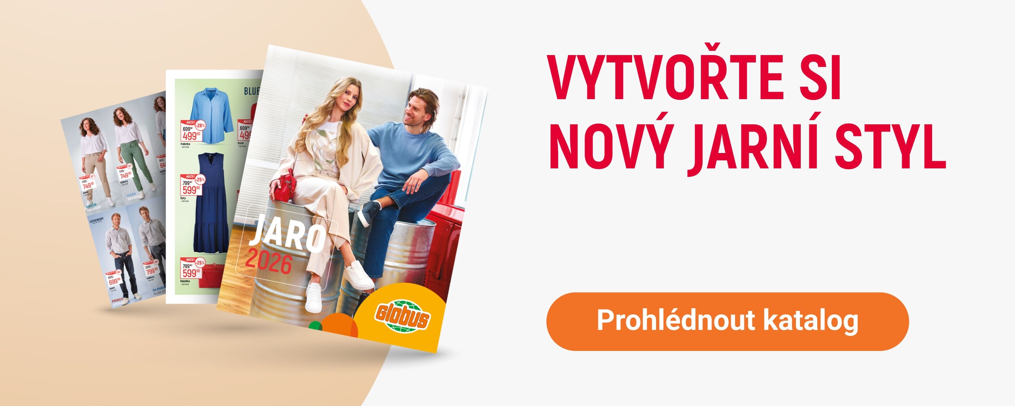 Tři obálky katalogů s jarní módou s nadpisem „Vytvořte si svůj nový jarní styl“ a tlačítkem „Prohlédnout katalog“.