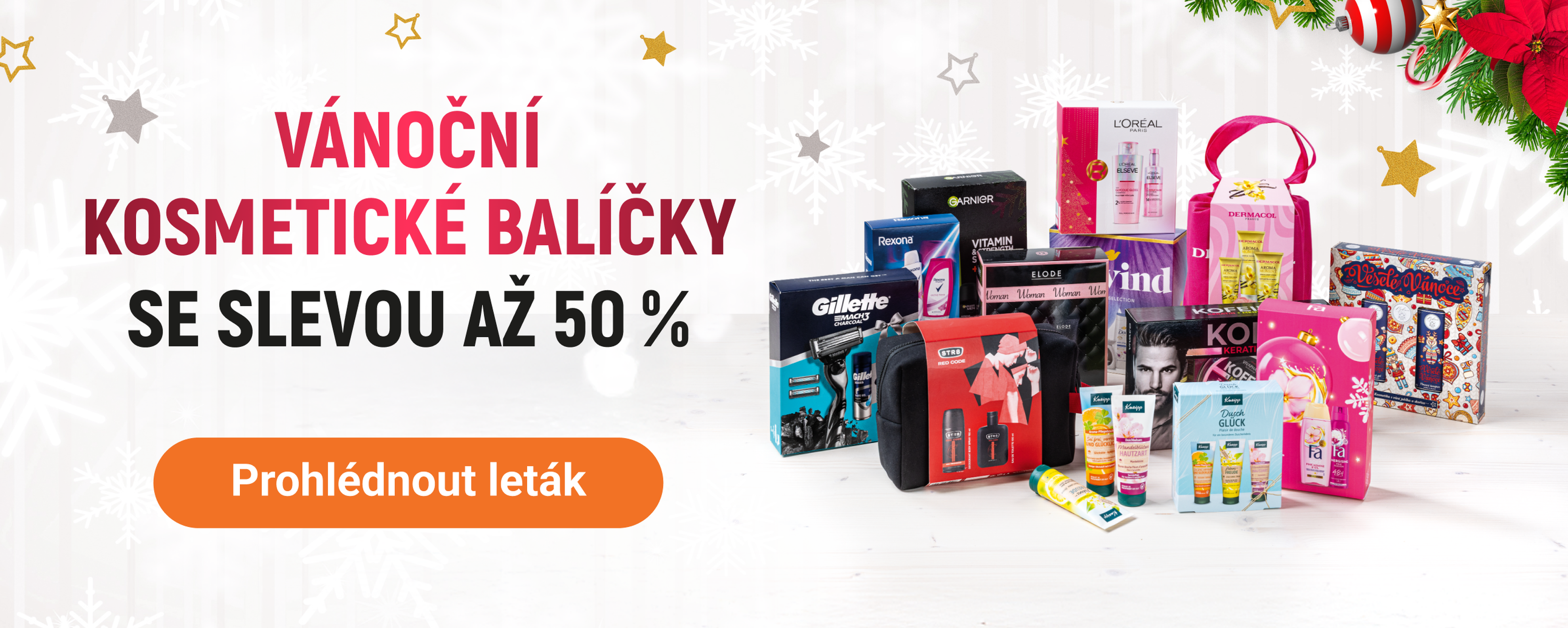 Zobrazení různých vánočních kosmetických dárkových sad vedle českého textu „VÁNOČNÍ KOSMETICKÉ BALÍČKY SE SLEVOU AŽ 50 %“ a oranžového tlačítka CTA.