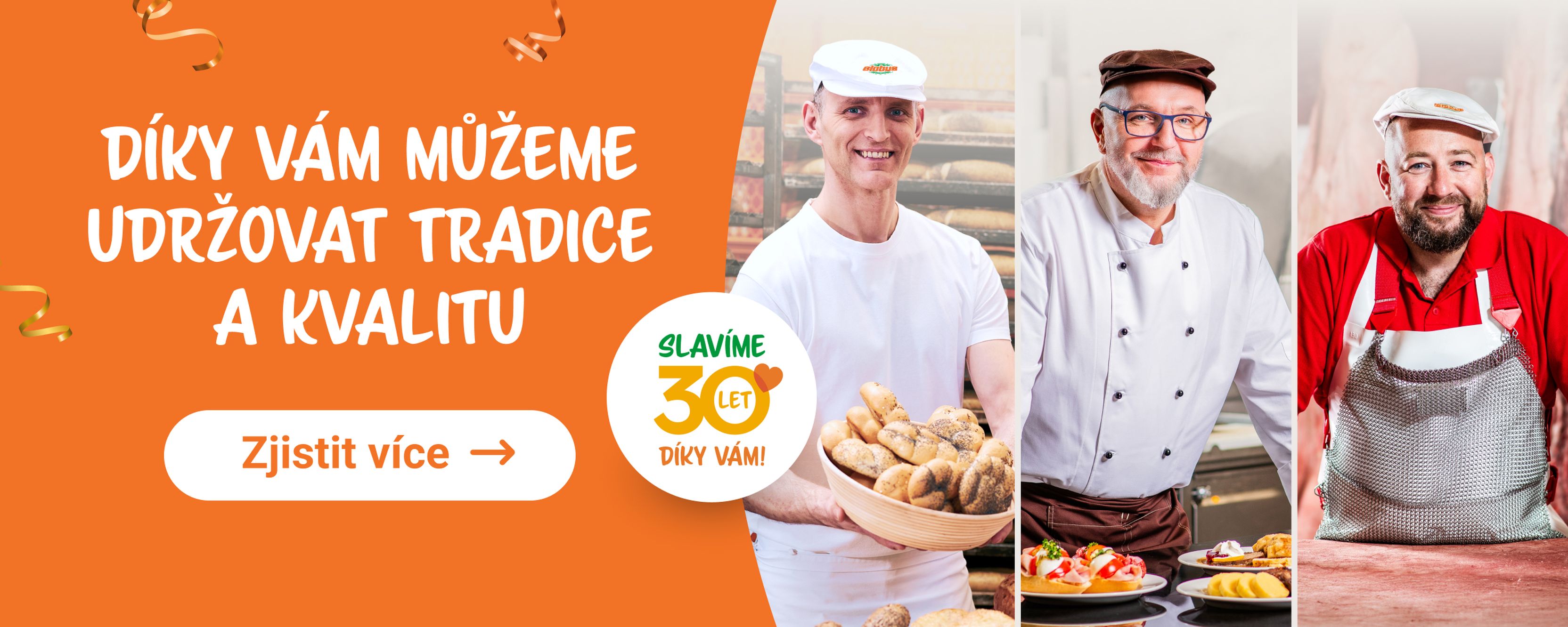 Tři usmívající se zaměstnanci v reklamě na pekárnu k 30. výročí, s oranžovým pozadím a slavnostním textem v češtině.