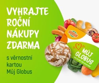 Banner propagující možnost vyhrát roční nákupy zdarma s věrnostní kartou Můj Globus, obklopený zeleninou a pečivem.