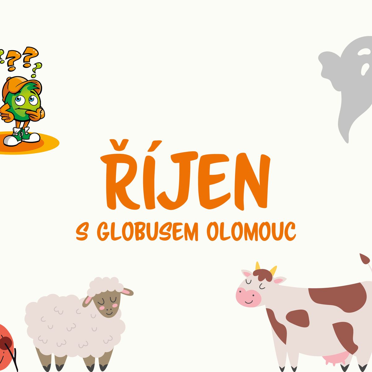Kreslený halloweenský motiv s dýněmi, strašidlem, postavičkou zeměkoule, krávou, ovcí, korbelem piva, bačkorami a textem „Říjen s Globusem Olomouc“.