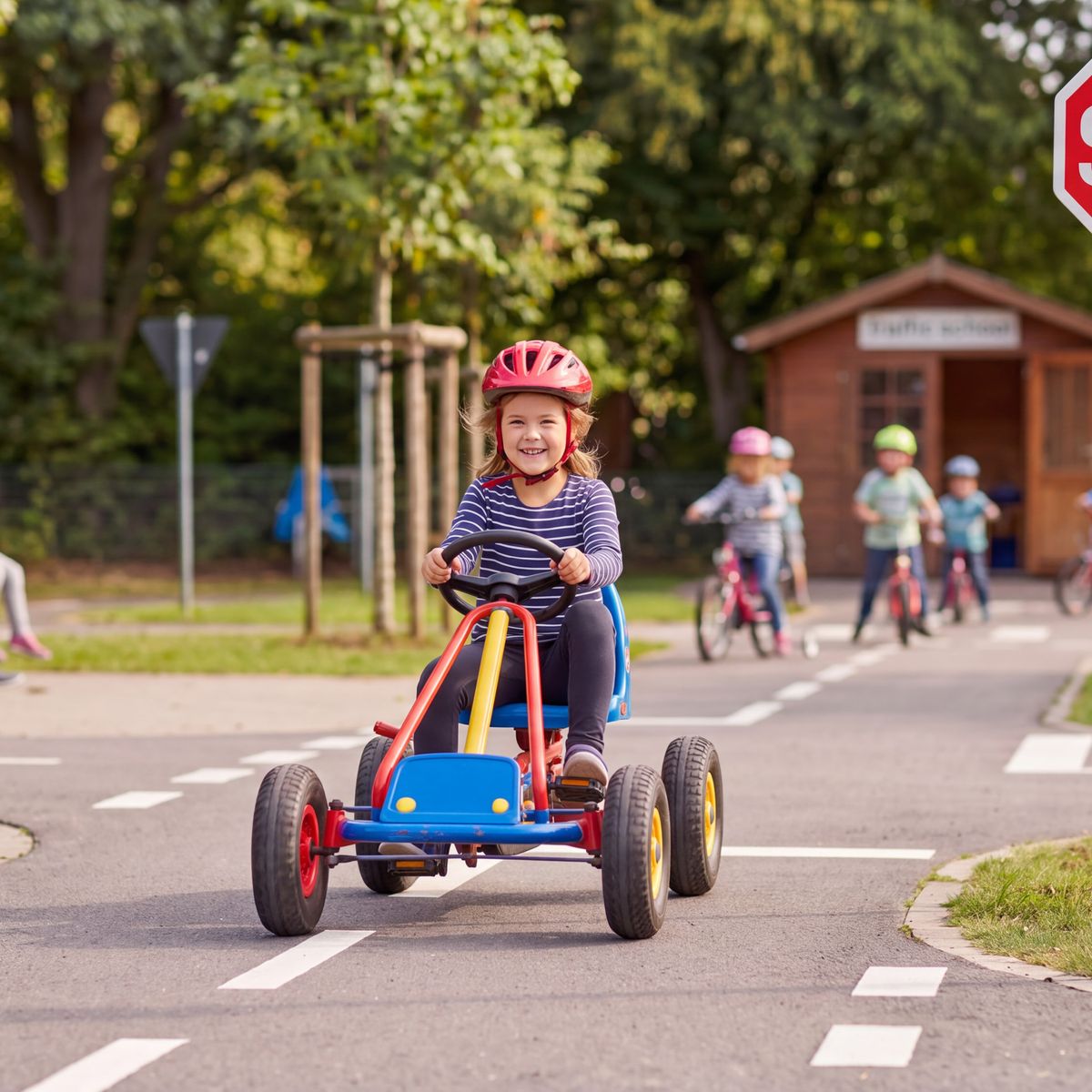 Dítě v přilbě jezdí na šlapací motokáře po silnici na hřišti se značkou „Stůj, dej přednost v jízdě“, zatímco v pozadí jsou vidět další děti a dospělí.