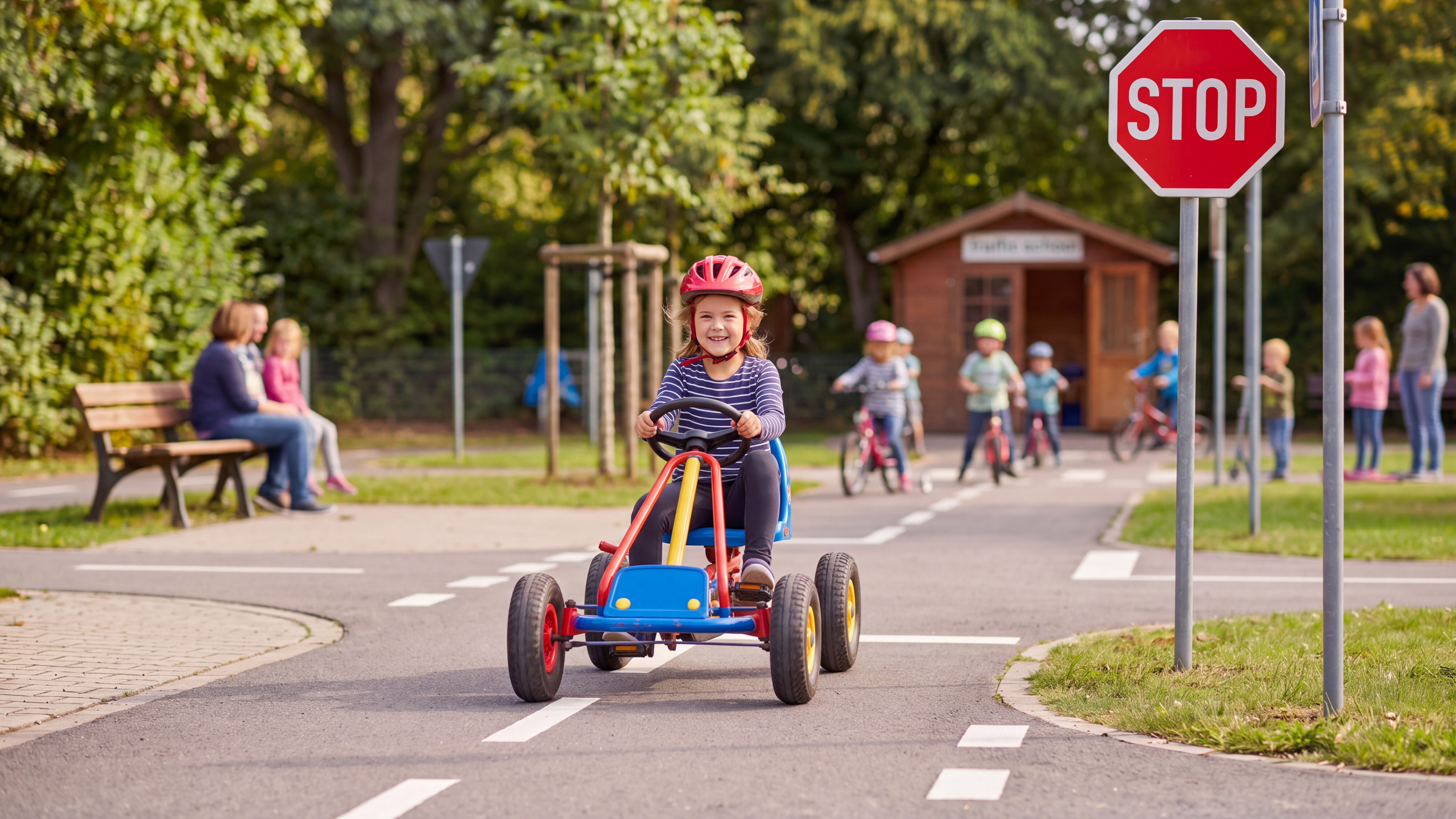 Dítě v přilbě jezdí na šlapací motokáře po silnici na hřišti se značkou „Stůj, dej přednost v jízdě“, zatímco v pozadí jsou vidět další děti a dospělí.