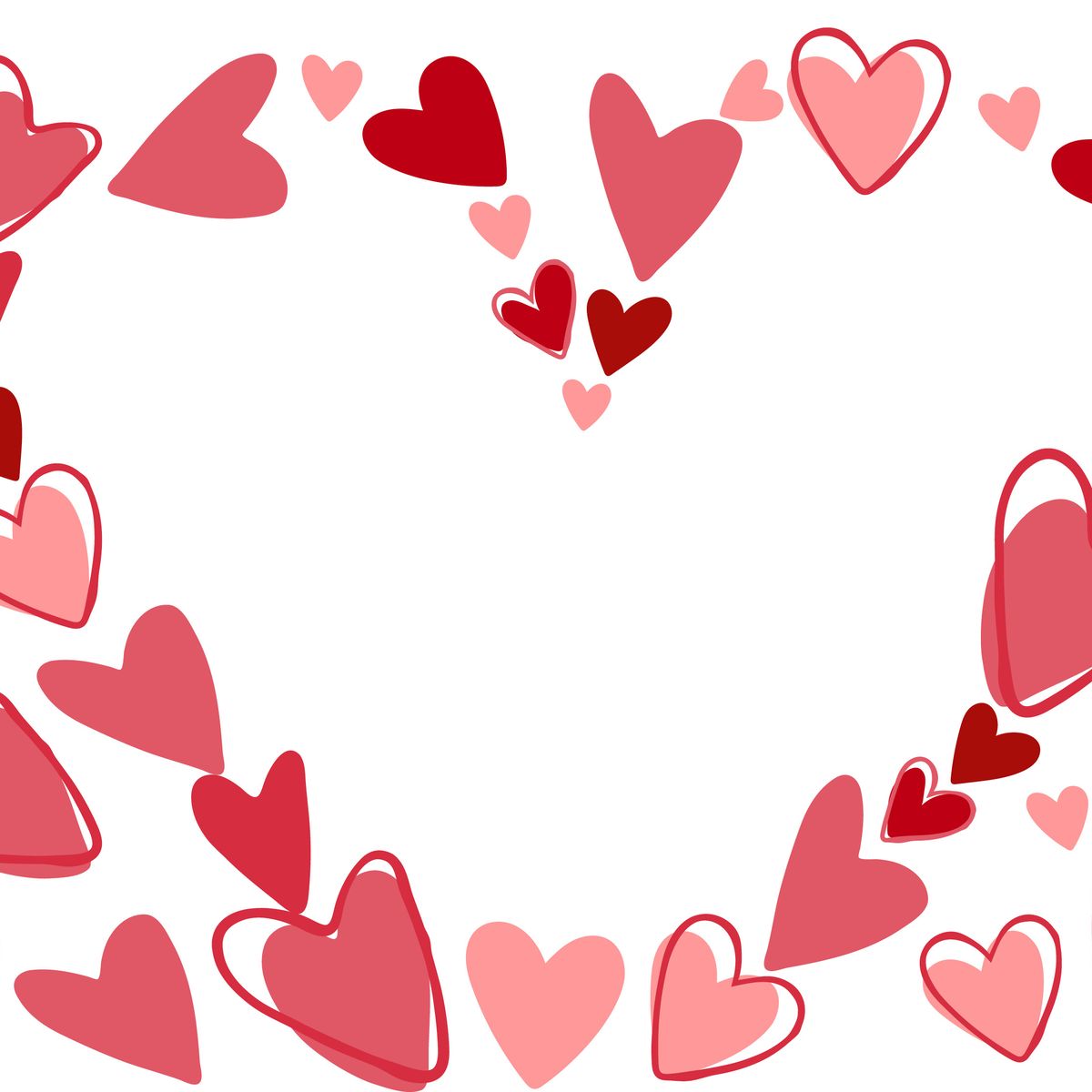 Různé červené a růžové srdce uspořádané v ohraničení, vytvářející tvar srdce uprostřed na bílém pozadí.