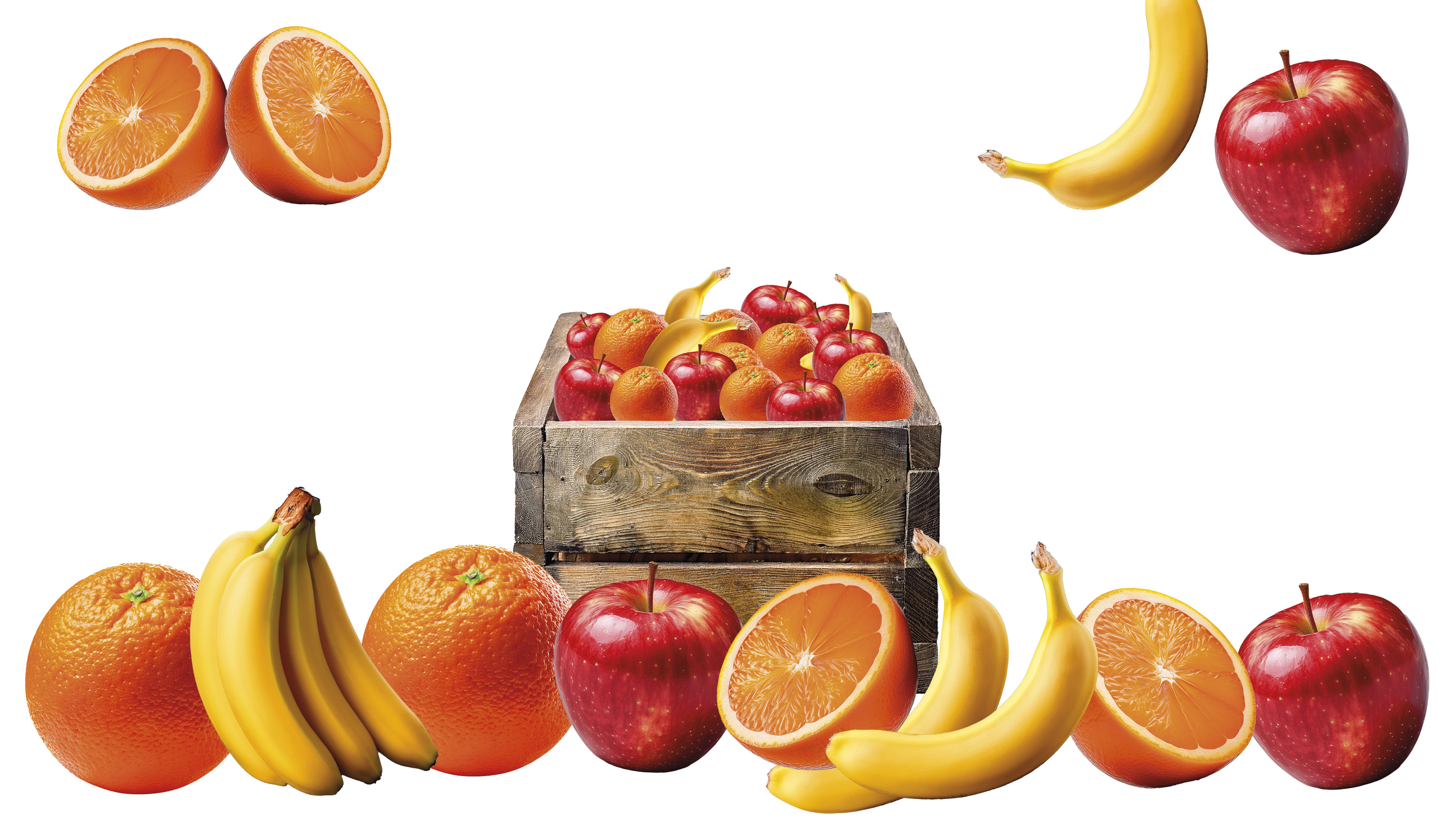 Na bílém pozadí je hnědá bedýnka plná ovoce jako jablka, pomeranče, banány. Před bedýnkou a po stranách je také ovoce.