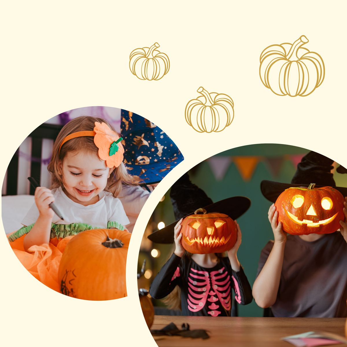 Děti v halloweenských kostýmech vyřezávají dýně; jedno z dětí drží dýni s vyřezaným obličejem. Kolem nich jsou vyobrazeny ozdobné dýně.
