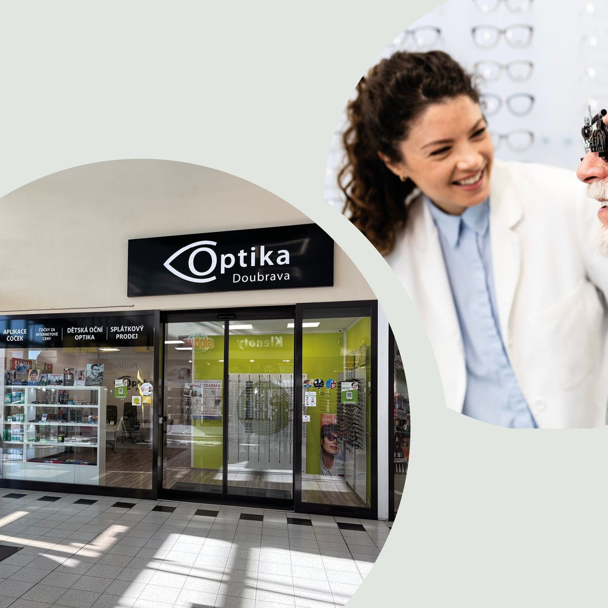 Výloha optiky Doubrava a starší muž, kterému zrak vyšetřuje usměvavá optometristka.