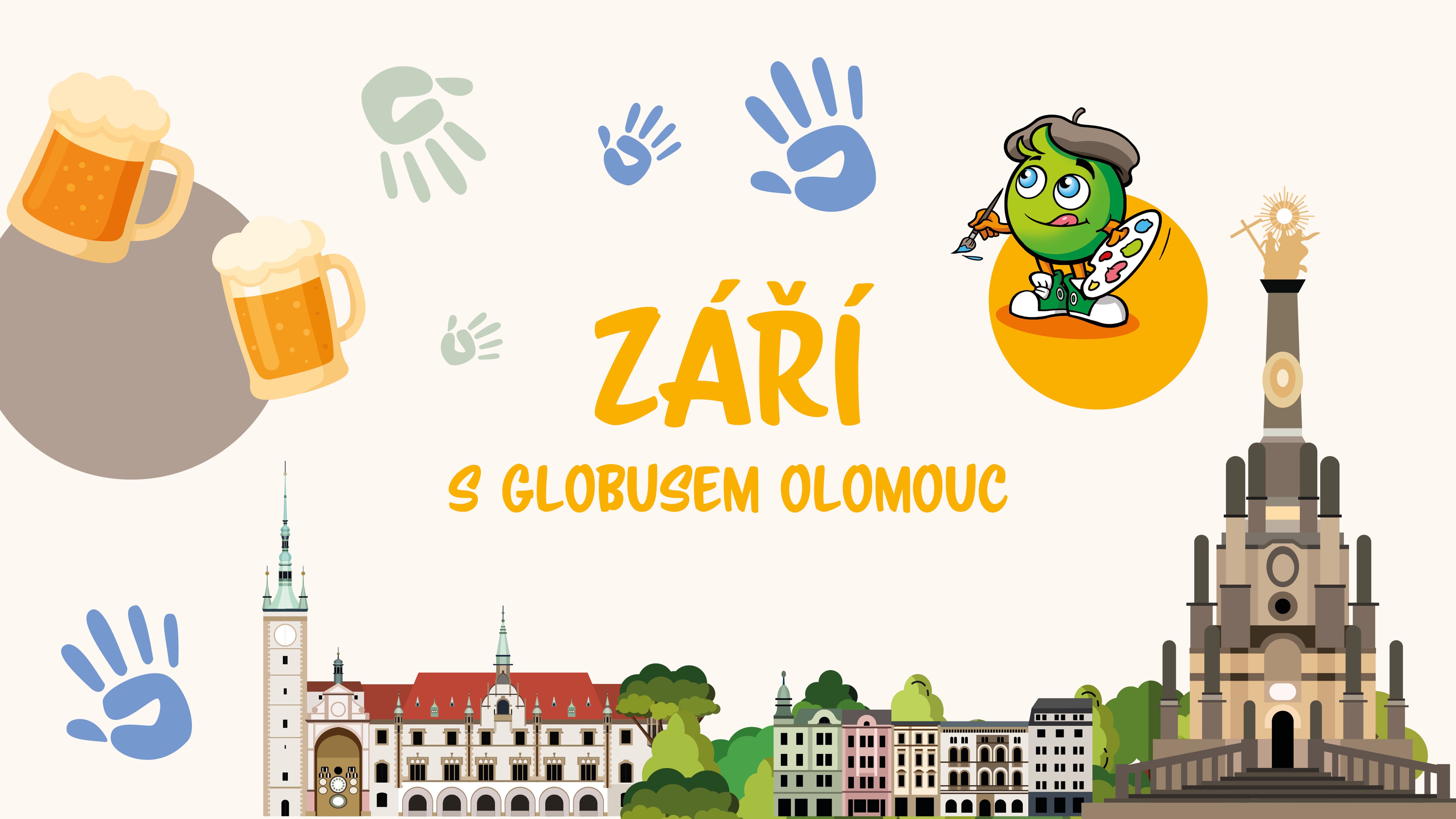 Ilustrace s textem „ZÁŘÍ S GLOBUSEM OLOMOUC“ zobrazující pivní korbele, kreslenou postavičku s baretem a malířskou paletou a olomoucké památky.