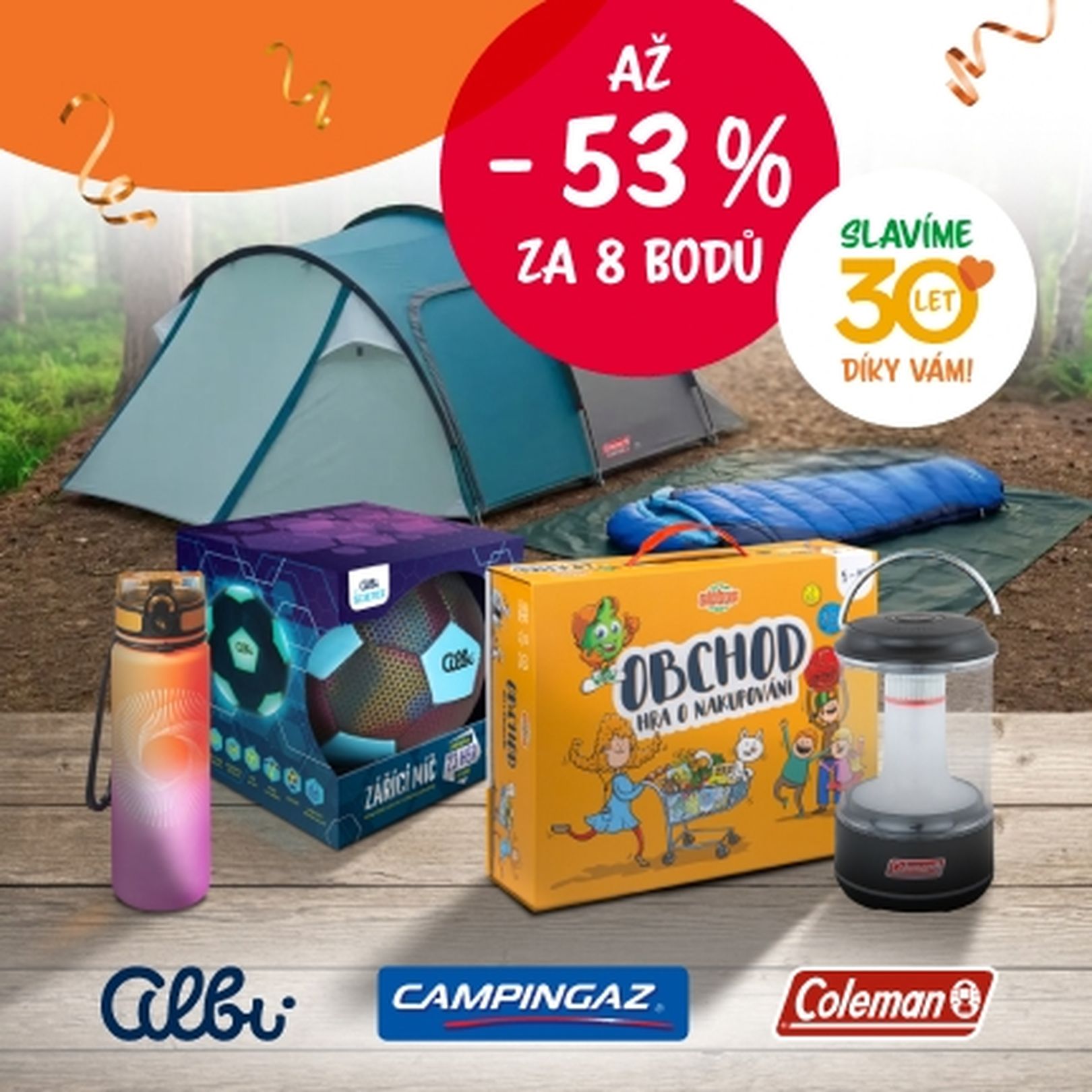 marketingový banner s nabídkou produktů albi, campingaz a coleman