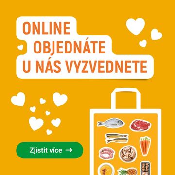 Obrázek s českým textem propagující online objednávky a vyzvednutí. Na žlutém pozadí jsou rozptýlená bílá srdíčka s různými ikonami jídla.