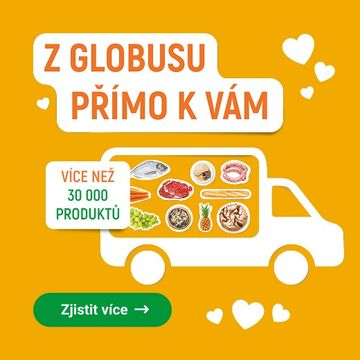 Oranžový banner s dodávkou, na které jsou zobrazeny potraviny. Text zní „PŘÍMO Z GLOBUSU K VÁM“ a „VÍCE NEŽ 30 000 PRODUKTŮ“.