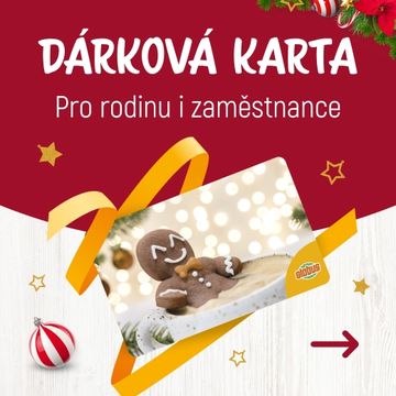 Slavnostní banner s dárkovou kartou, na kterém je perníkový panáček, vánoční ozdoby a text v češtině propagující dárky pro rodinu a zaměstnance.