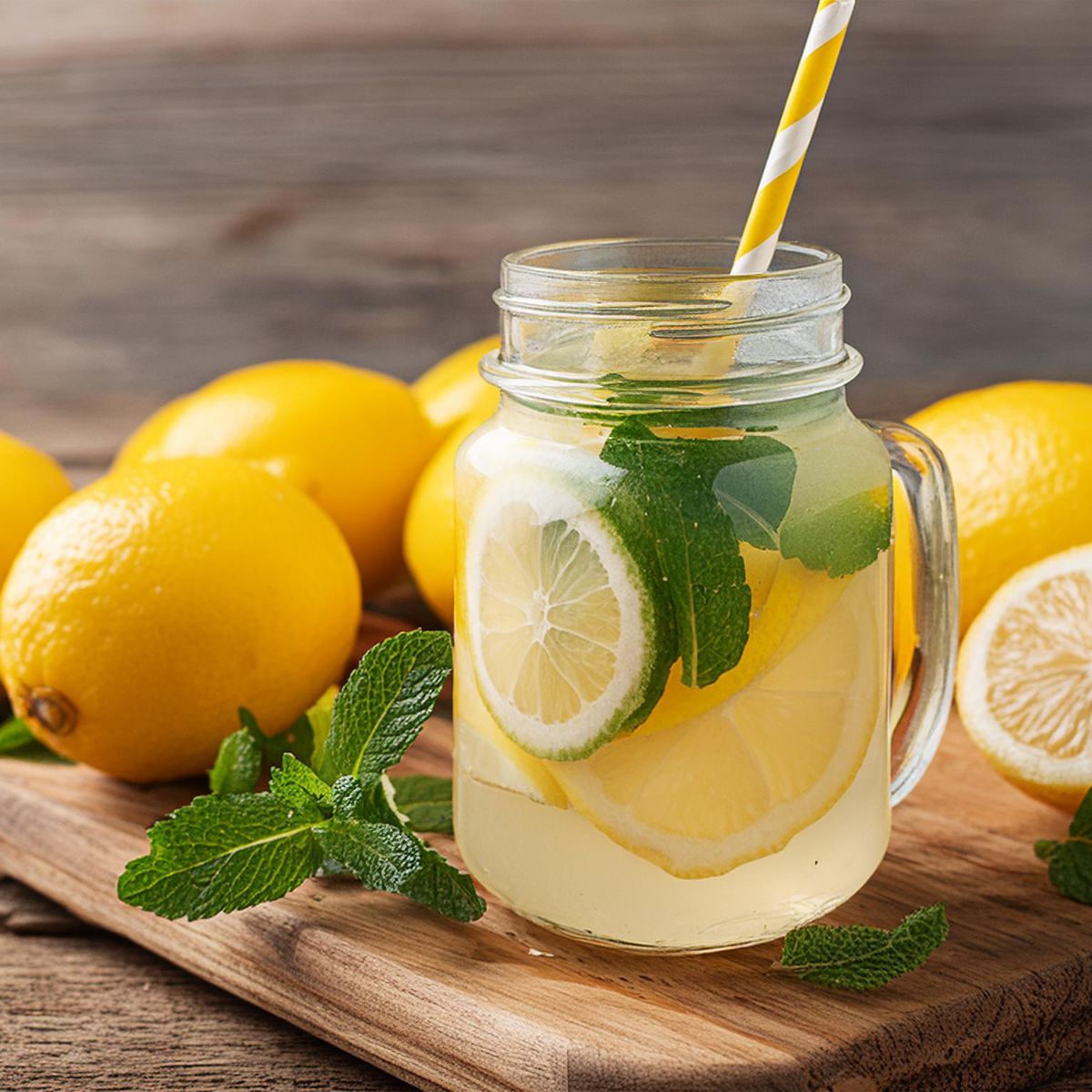 Zavařovací sklenice s citronádou z čerstvě lisované citronové šťávy Globus s plátky citronu a lístky máty, obklopená celými citrony, na dřevěném prkénku s pruhovaným brčkem.
